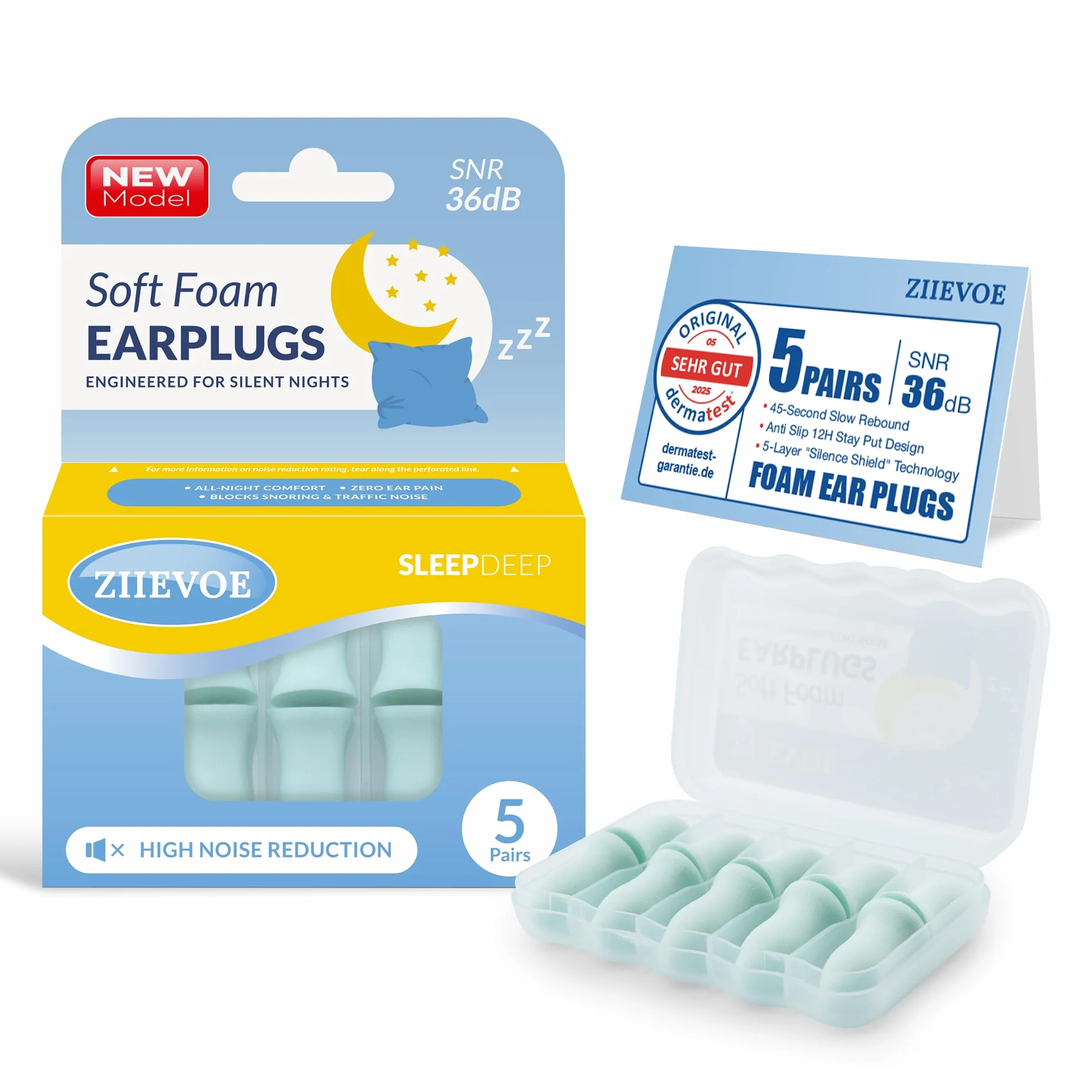 Tappi Orecchie Dormire 36dB Blocco Rumore 5 Strati Design Antiscivolo 12H Morbido 10 Pezzi