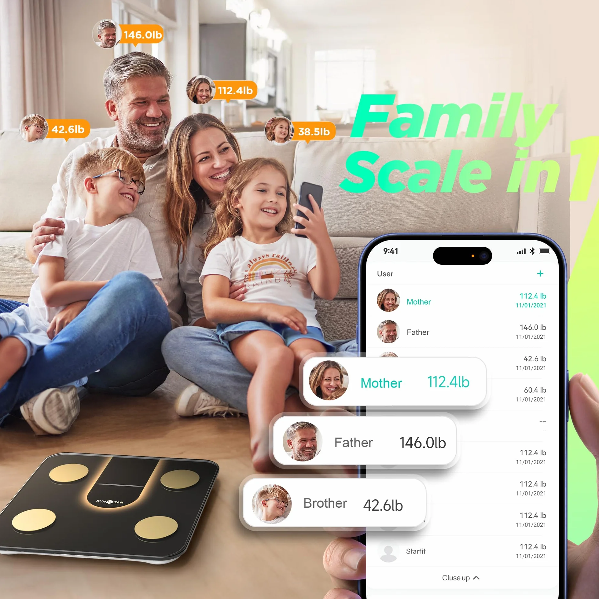 RunStar Bilancia Pesapesone Smart 8in1 Display VA, Alta Precisione Peso Corporeo BMI Grasso Corporeo 22 Dati Composizione Corporea Sync App
