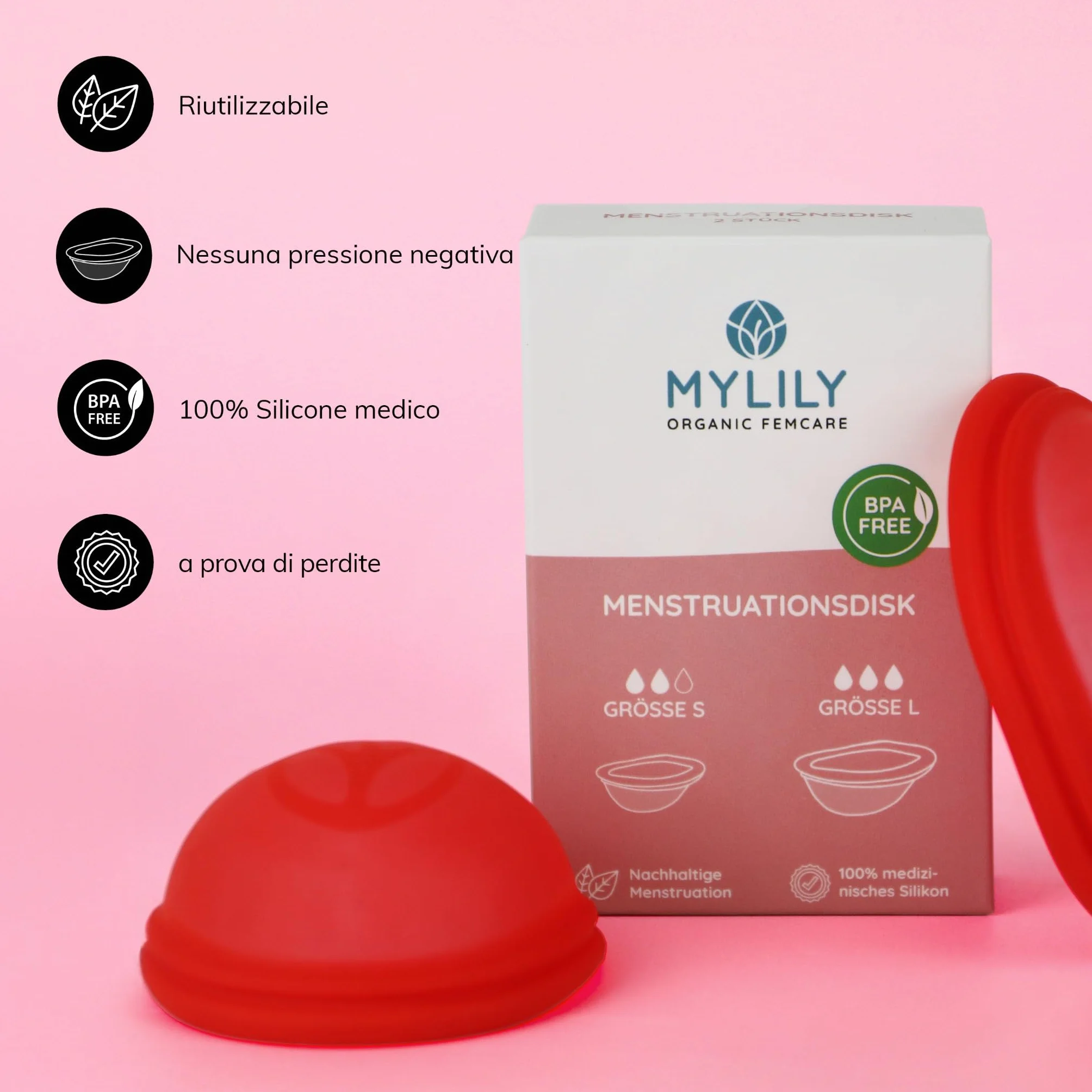 Disco mestruale MYLILY® | 100% silicone di grado medico I Periodo | Disco mestruale I Sostenibile e a basso costo I Disco mestruale | riutilizzabile I S + L