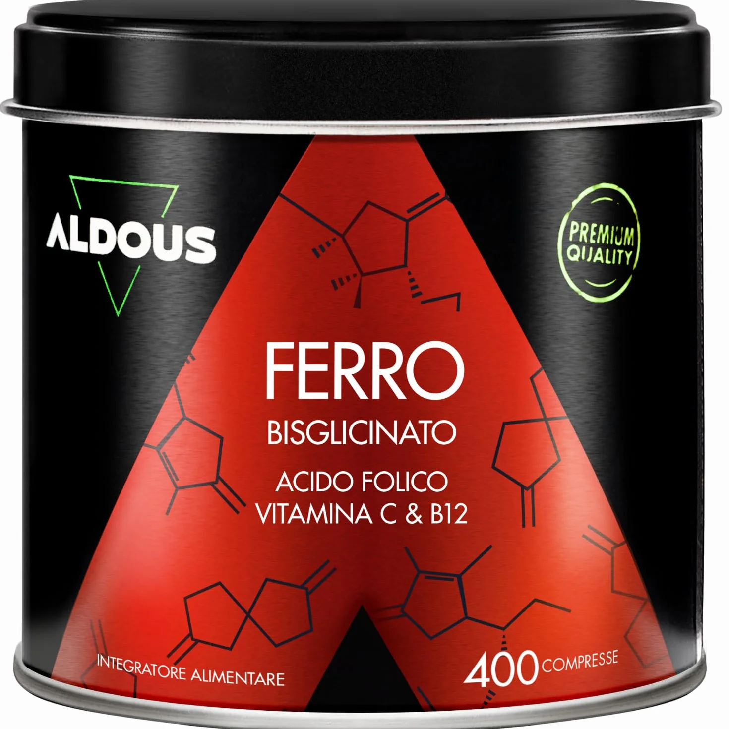 Ferro Integratore con Vitamina C, Acido Folico, B12-400 Compresse - Ferro Chelato - Globuli Rossi, Energia Supplemento, Sistema Immunitario - Integratore Stanchezza Fisica e Mentale - Vegan - ALDOUS