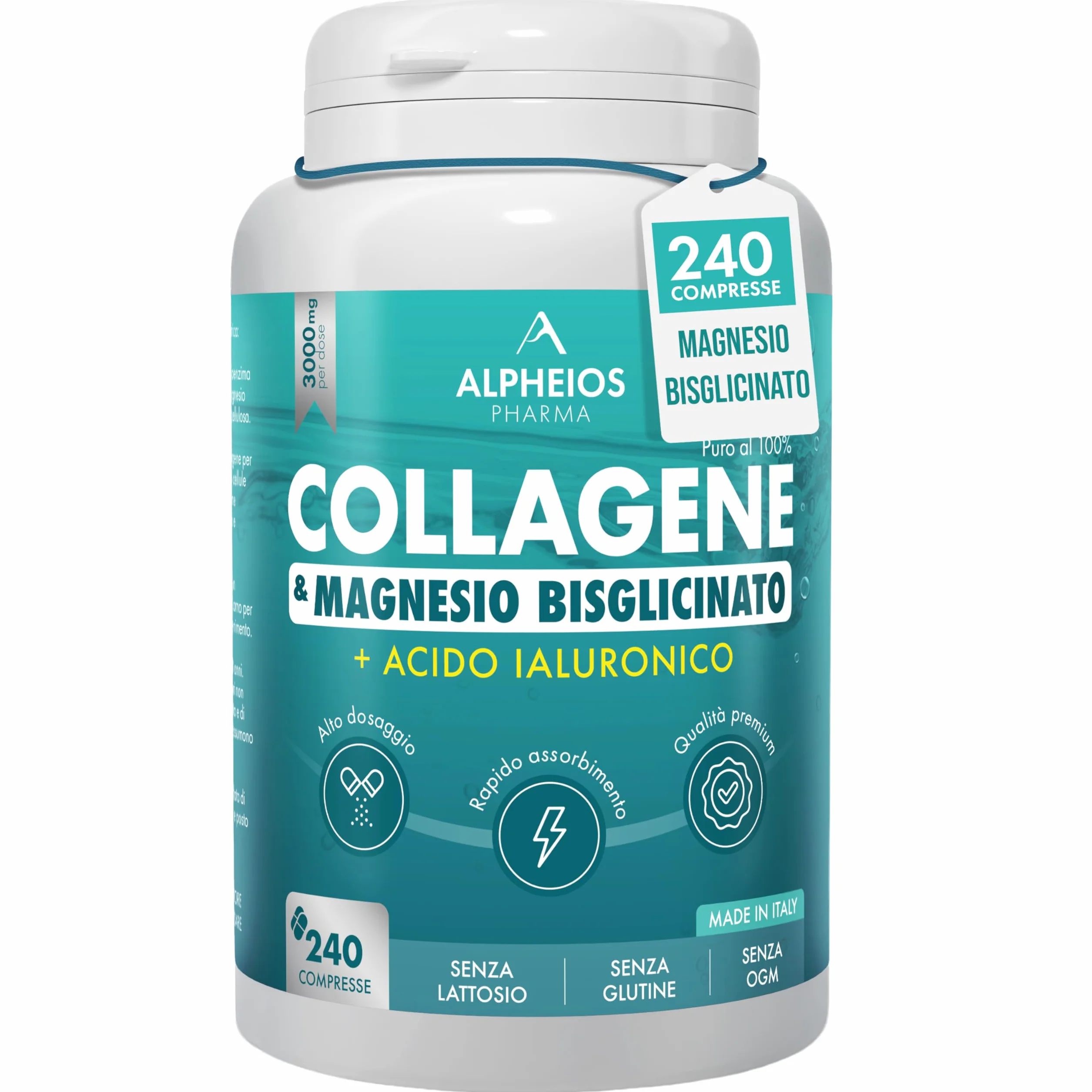 Collagene e Acido Ialuronico + Magnesio Bisglicinato 240 Compresse 3000 mg Integratore Articolazioni Ossa Pelle