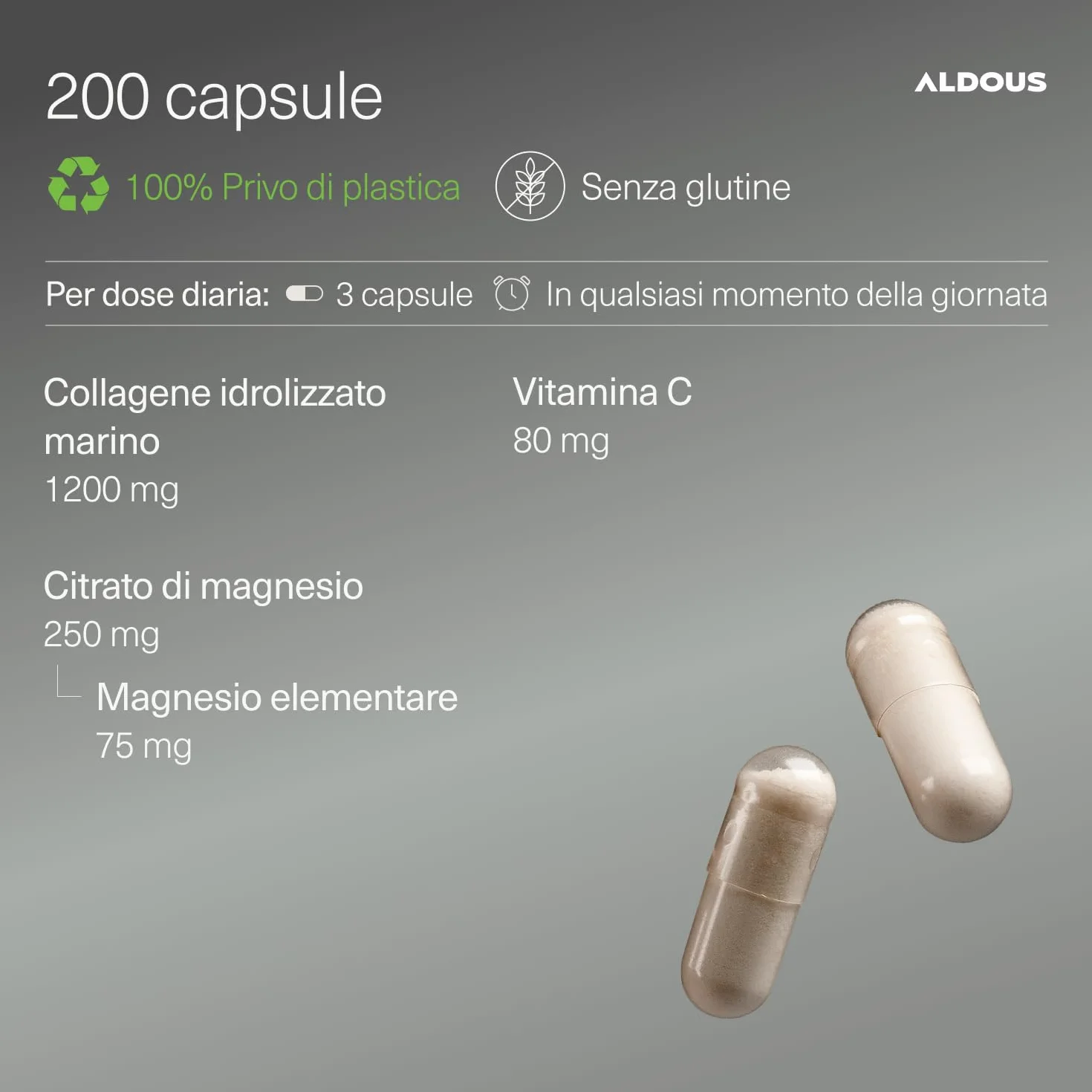 Collagene Marino con Magnesio e Vitamina C 200 Capsule Integratore Bellezza e Benessere Pelle Capelli Unghie Anti Age Ossa Articolazioni Marine Collagen Naticol ALDOUS
