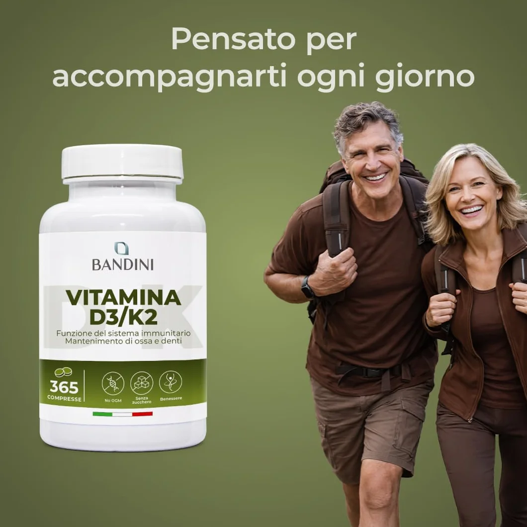 Bandini Vitamina D3 K2 365 Compresse 2000 UI + 200 mcg MK-7 99% All Trans per Ossa Denti Muscoli Articolazioni Sistema Immunitario