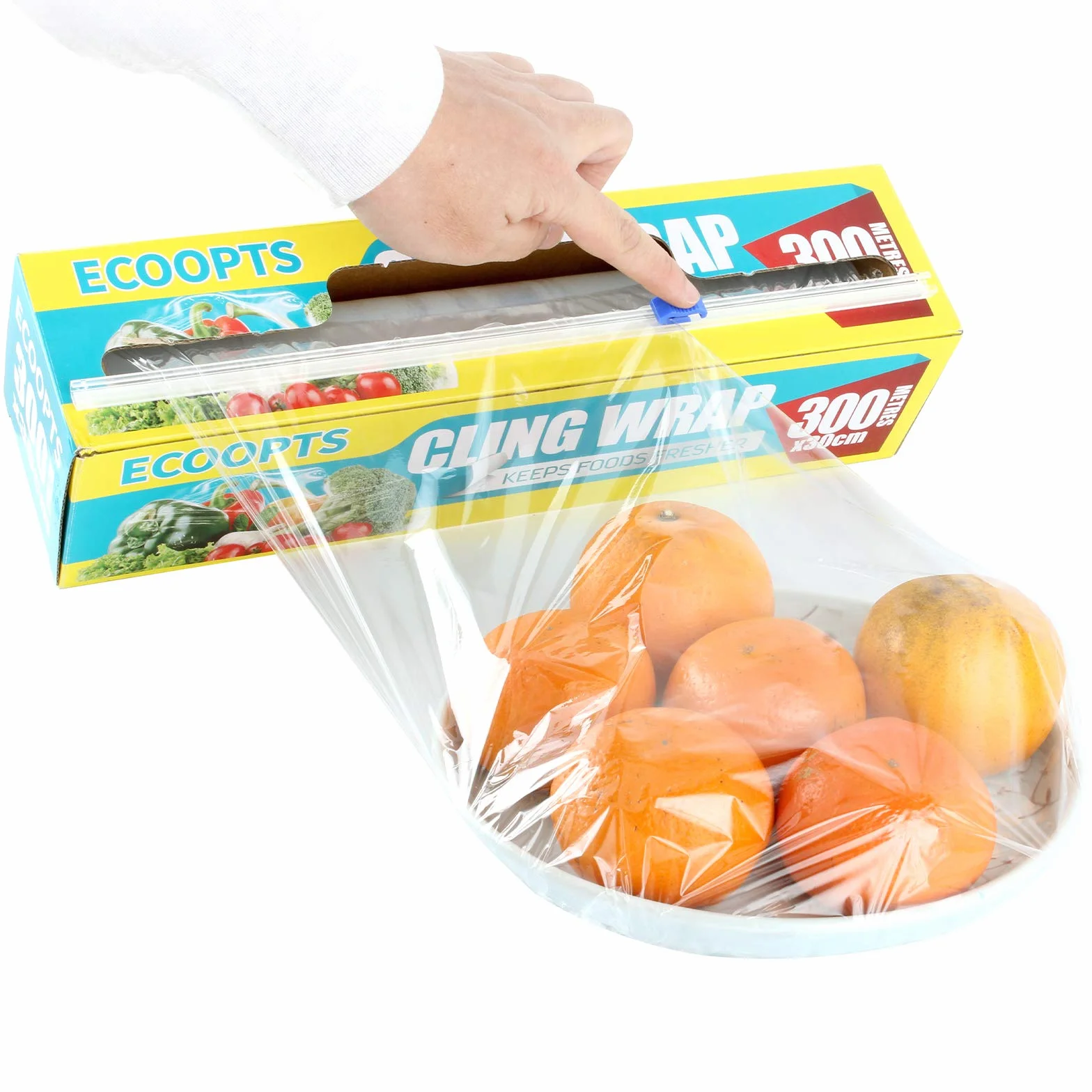 ECOOPTS Pellicola trasparente con dispenser e taglierina, adatta a microonde e freezer, 30 cm x 300 m (la taglierina scorrevole è conservata nel nucleo interno del rotolo)