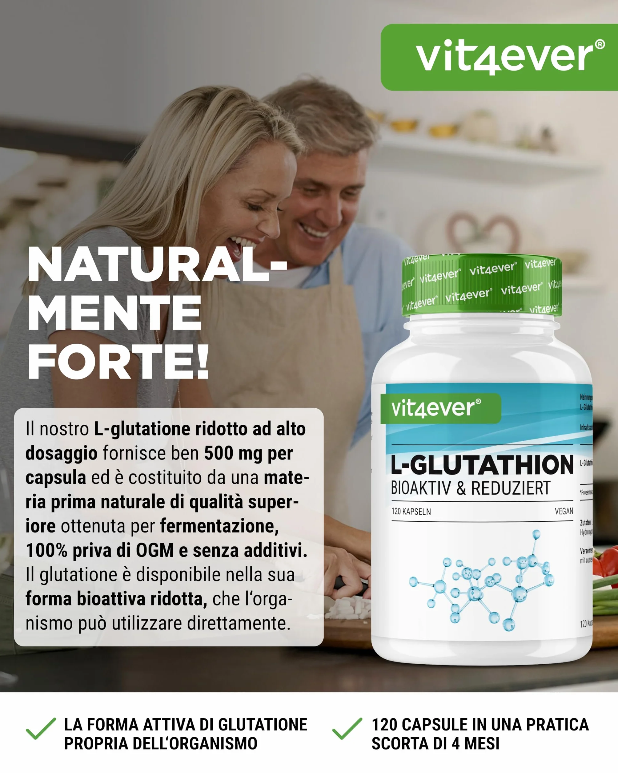 L-Glutatione - 120 capsule con 500 mg per capsula - Premium: glutatione ridotto e bioattivo da fermentazione - Altamente dosato - Vegan