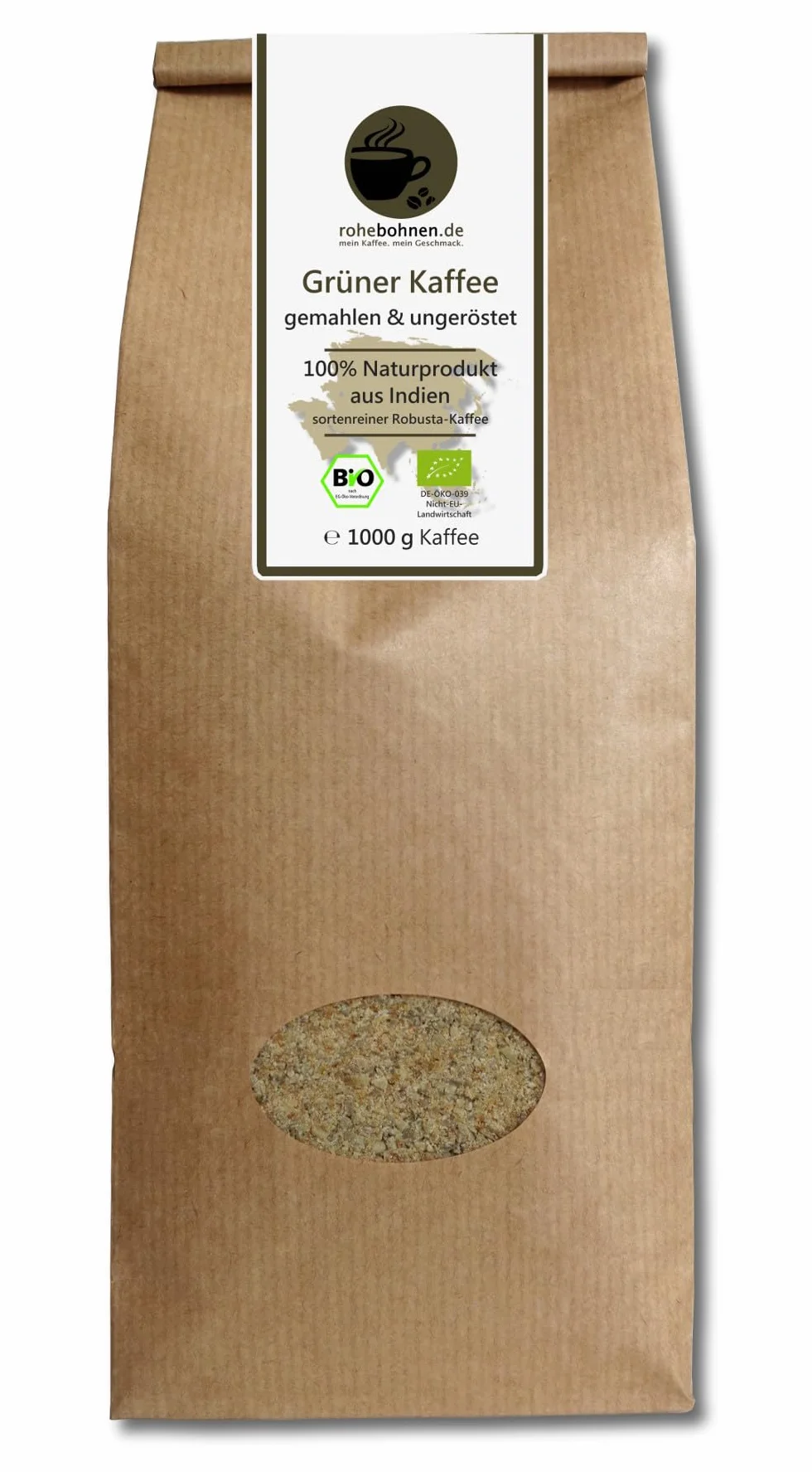 Polvere di caffè verde biologico 100% Robusta India naturale 1000g macinato non tostato Certificato GMP