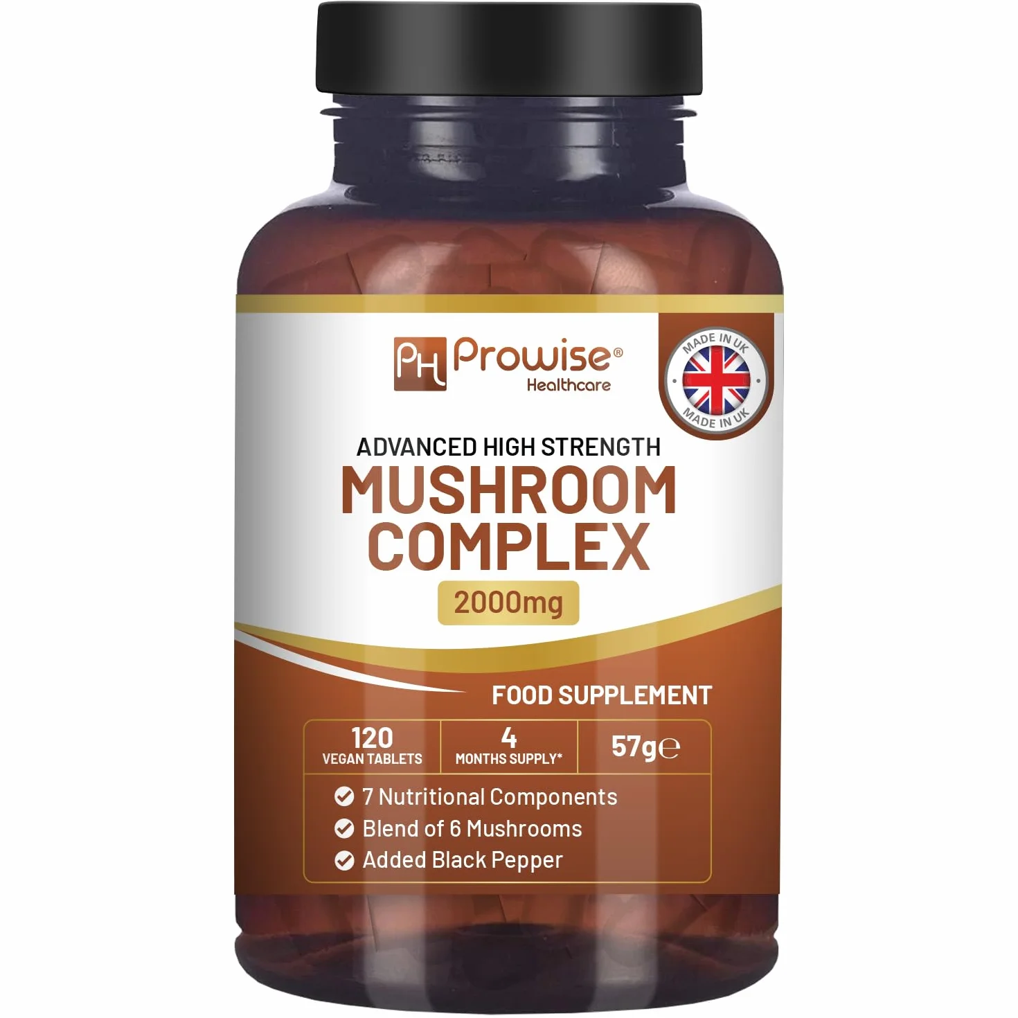Advanced Mushroom Complex 2000mg | Una super miscela di 6 funghi con criniera di leone, chaga, cordyceps, shiitake, reishi e maitake con pepe nero | 120 compresse vegane ad alta resistenza