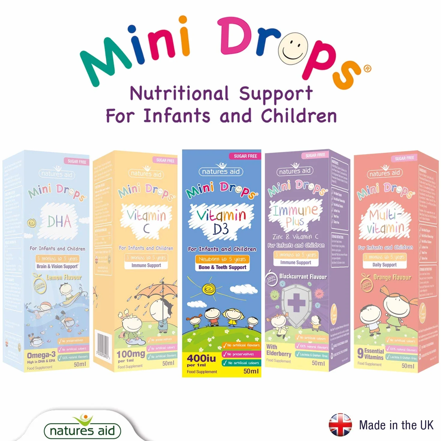 Natures Aid Mini Drops Vitamina D3 50ml per Neonati e Bambini, Supporto per Ossa, Denti e Sistema Immunitario, Senza Zucchero, Vegano, Senza Glutine, Sostegno alla Crescita per Bambini da 0 a 5 Anni
