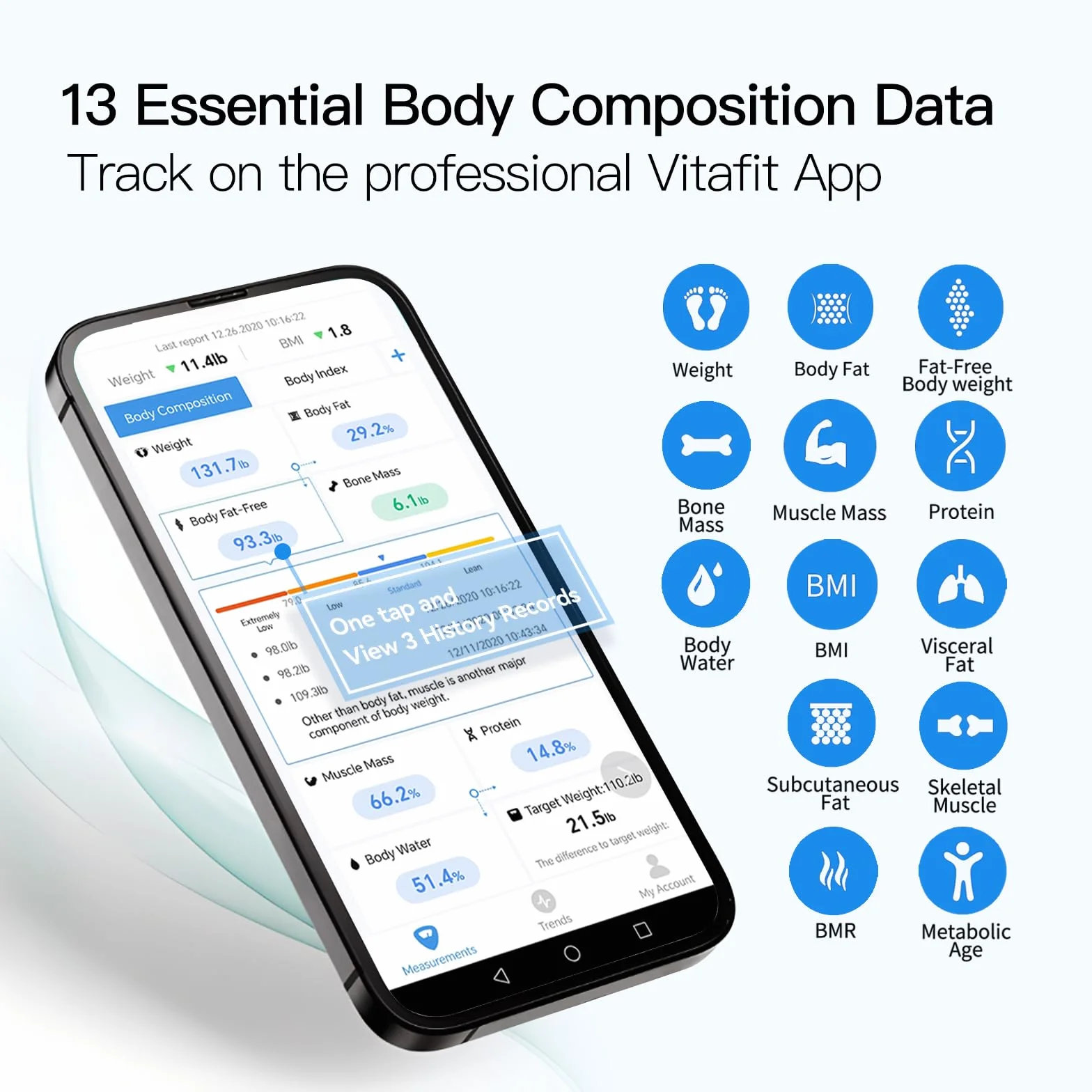 Vitafit Bilancia Pesapersone Impedenziometrica App Sync 13 Composizione Corporea BMI Grasso Corporeo 182kg Nero
