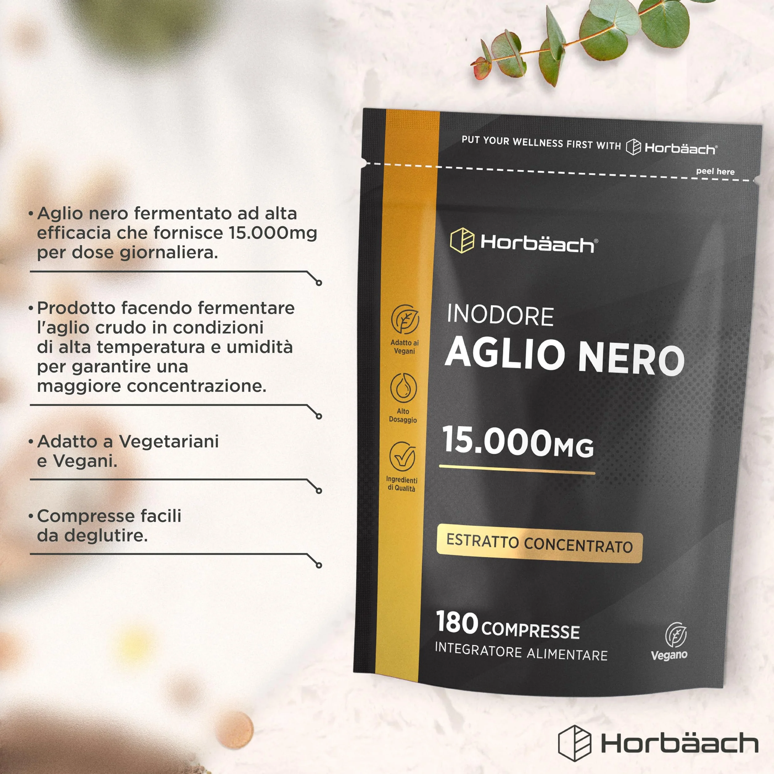Aglio Nero Fermentato 15000mg | 180 Compresse Vegane | Integratore Inodore e Senza Gusto | Horbaach