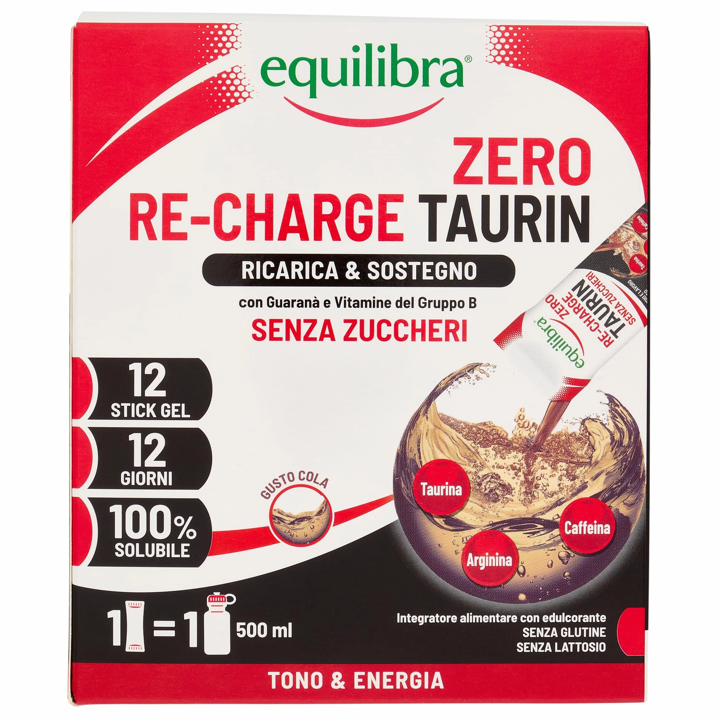 Equilibra Taurina 1000mg Integratore Stanchezza Allenamento Vegan Senza Zuccheri Arginina Caffeina Guaranà Vitamine B Gusto Cola 12 Stick Gel