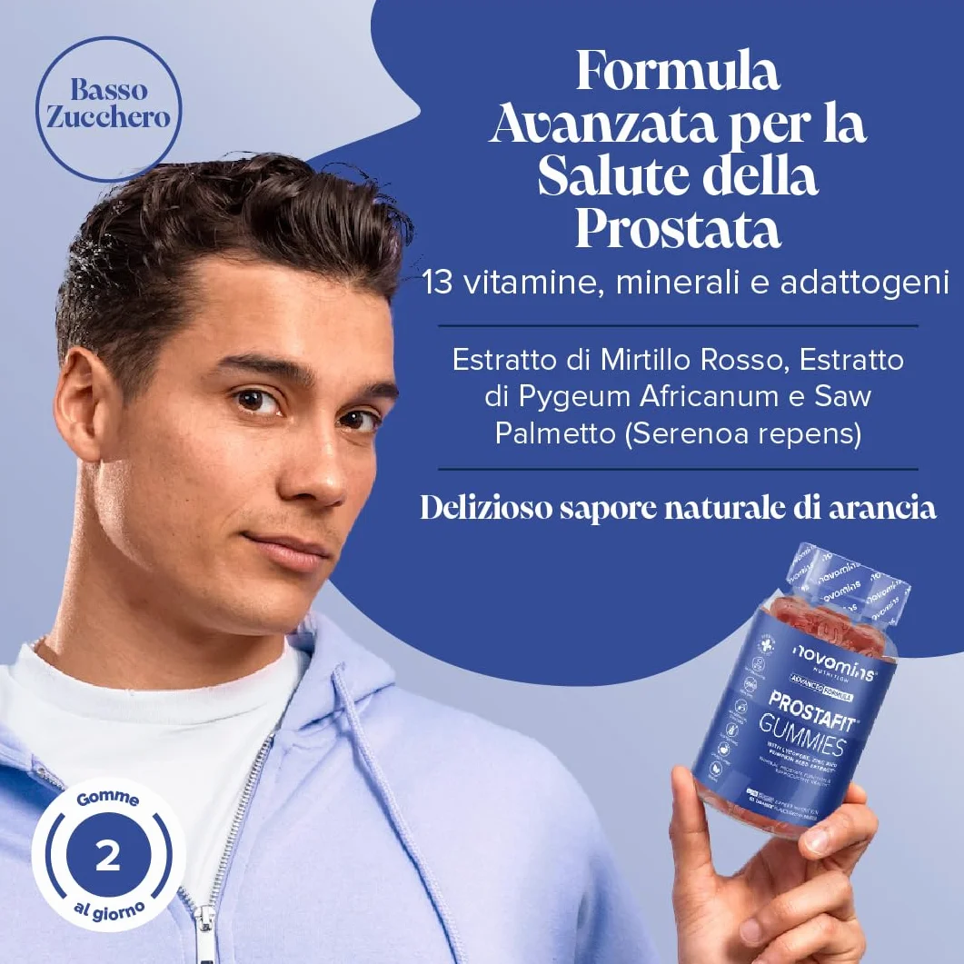 Prostafit Gommose Uomo Saw Palmetto Semi di Zucca Ortica Zinco Selenio Testosterone Fertilita Spermatogenesi 60 Gommose Gusto Arancia Novomins