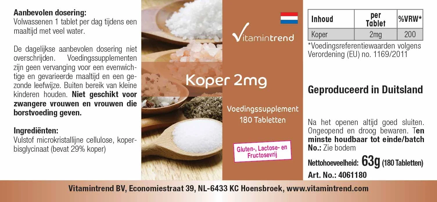 Vitamintrend rame 2 mg, 180 compresse, facili da deglutire, integratore alimentare vegano senza magnesio stearato, prodotto in Germania