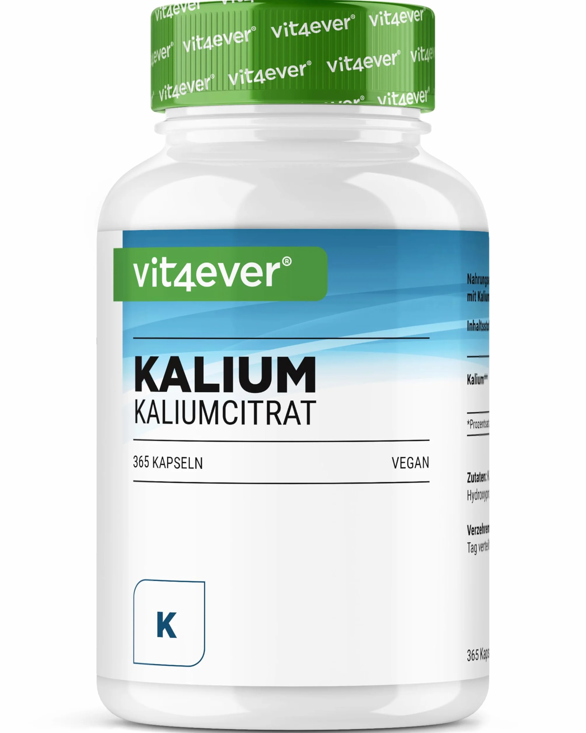 Potassio - 365 capsule con 800 mg di potassio elementare (da citrato di potassio) per porzione giornaliera - 100% citrato - Vegano