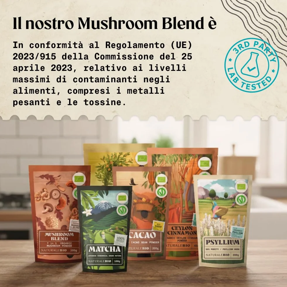 NaturaleBio Miscela di funghi in polvere 200g. Aumenta l'energia, favorisce la concentrazione, supporta l'intestino e il sistema immunitario. Bio, vegano, senza glutine e non OGM. Facile da consumare.