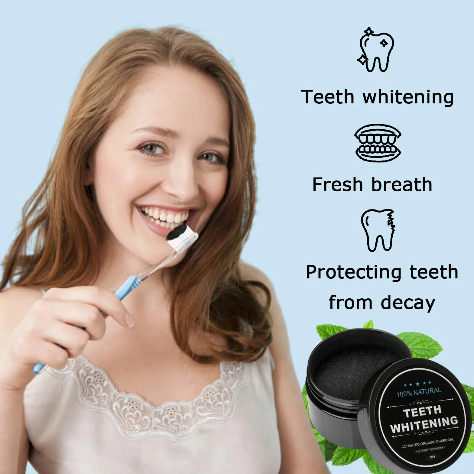 Sbiancante Dentale Polvere Sbiancante Denti con Carbonio Attivato 2 Pezzi + 2 Strisce Sbiancanti