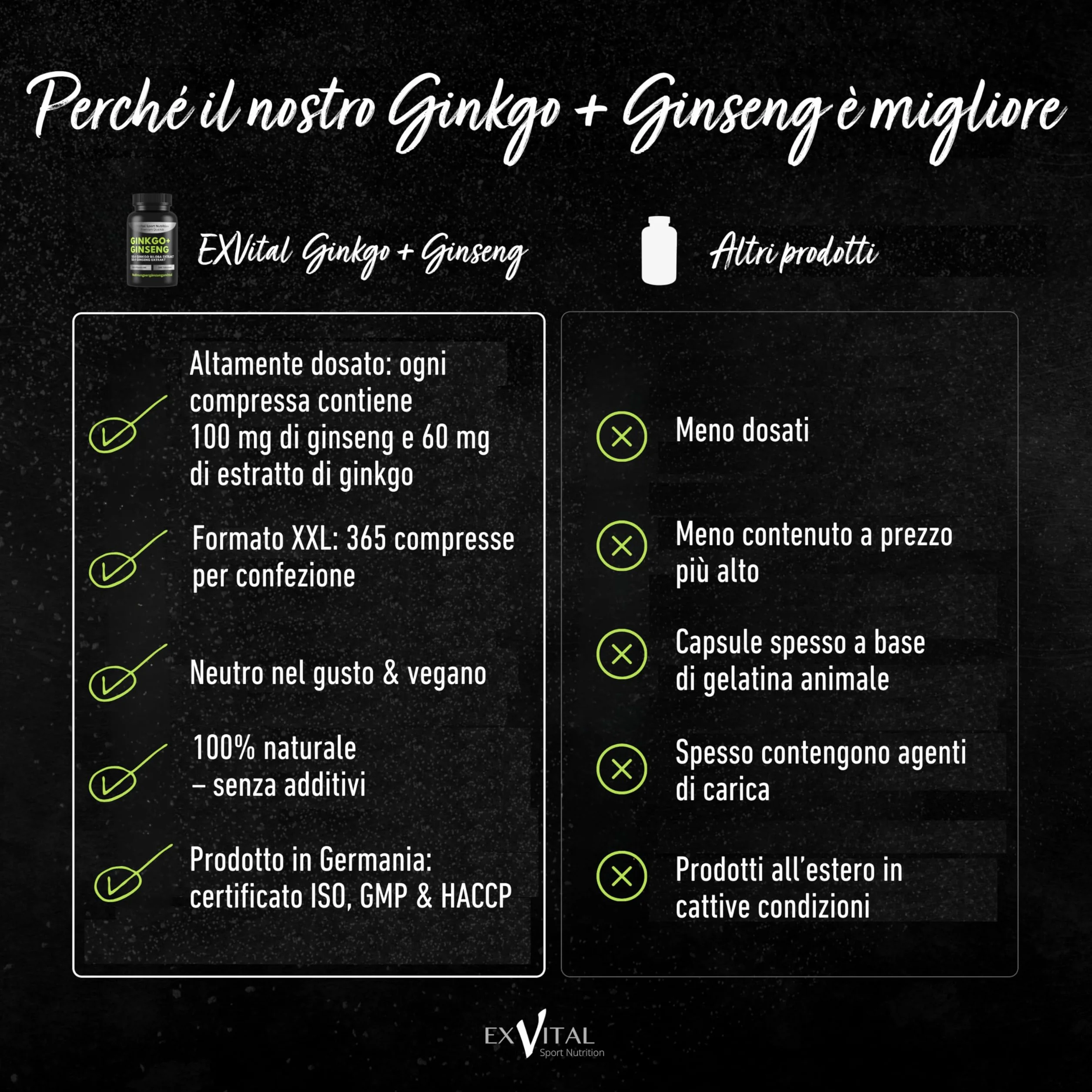 EXVital® Ginkgo + Ginseng, 365 compresse, estratti vegetali 50:1, altamente dosati, Ginkgo Biloba e Ginseng coreano, Testato in laboratorio, Vegano