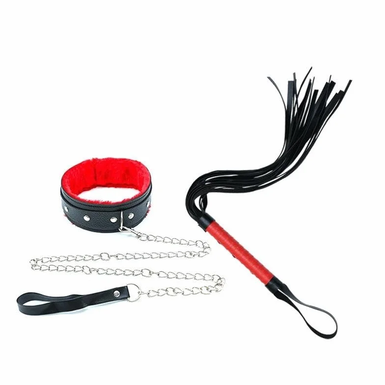 HUNTVE Collare in Pelle di Peluche con Catena e Frusta per Giochi di Ruolo (Nero e Rosso)