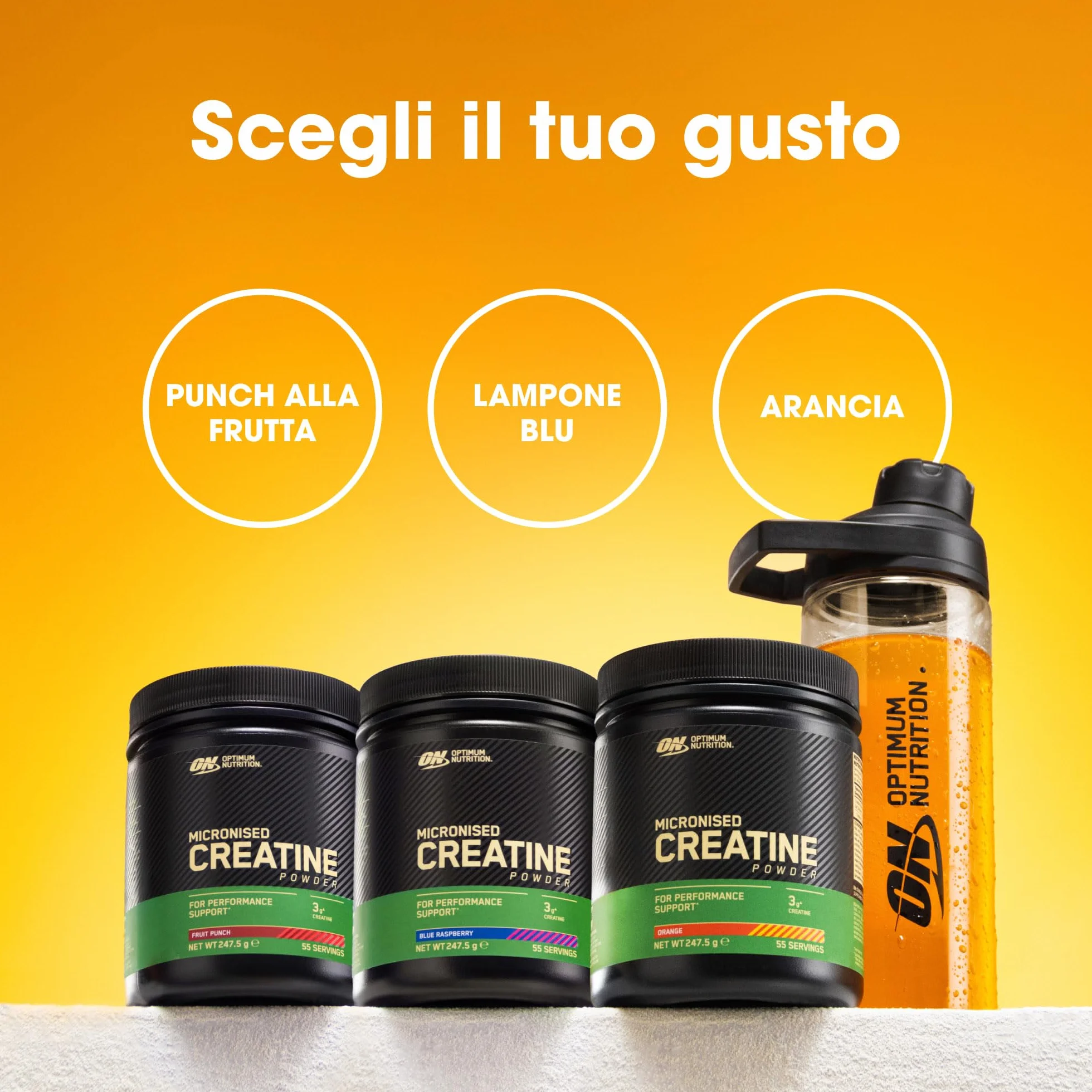 Optimum Nutrition Creatina Micronizzata in Polvere, Gusto Arancia, 247.5g, 55 Porzioni
