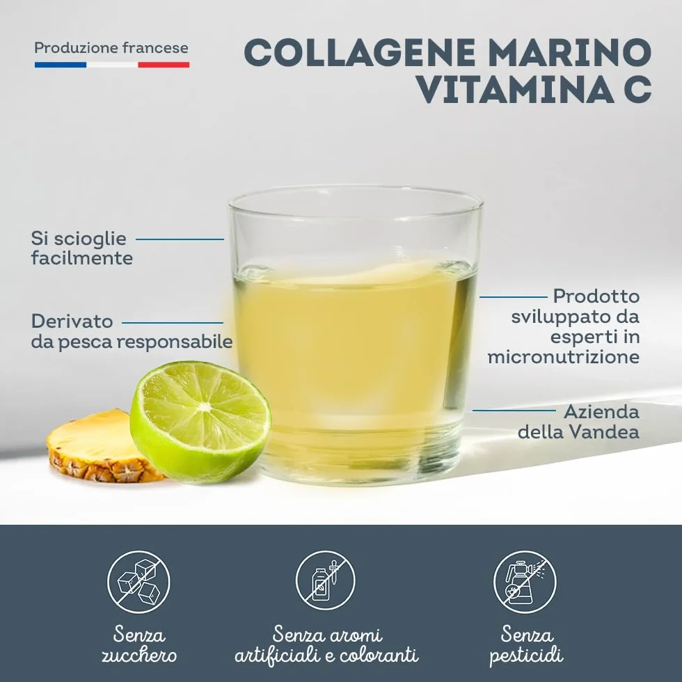 Collagene Marino in Polvere con Vitamina C 10000 mg Peptidi di Collagene di Pesce - Collagene Idrolizzato - Aroma Limone e Lime Vitavea
