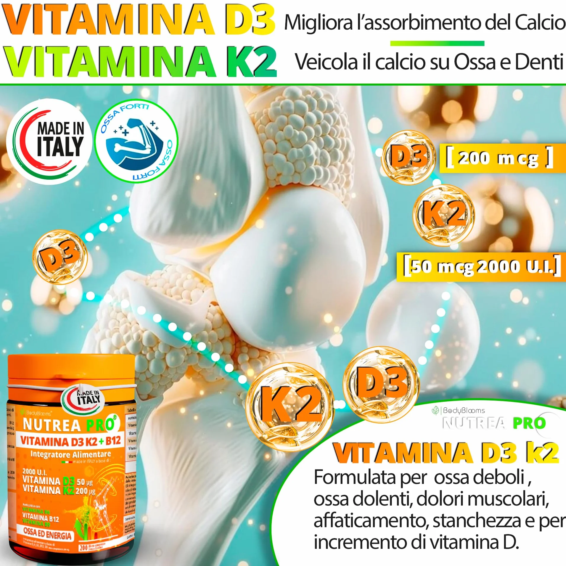 Vitamina d3 k2 2000UI - 200 Micro Compresse vit d3 k2 Arricchite con B12 e Acido folico. Supporto completo per ossa, muscoli ed energia - Integratore di Vitamina D senza glutine. Made in Italy