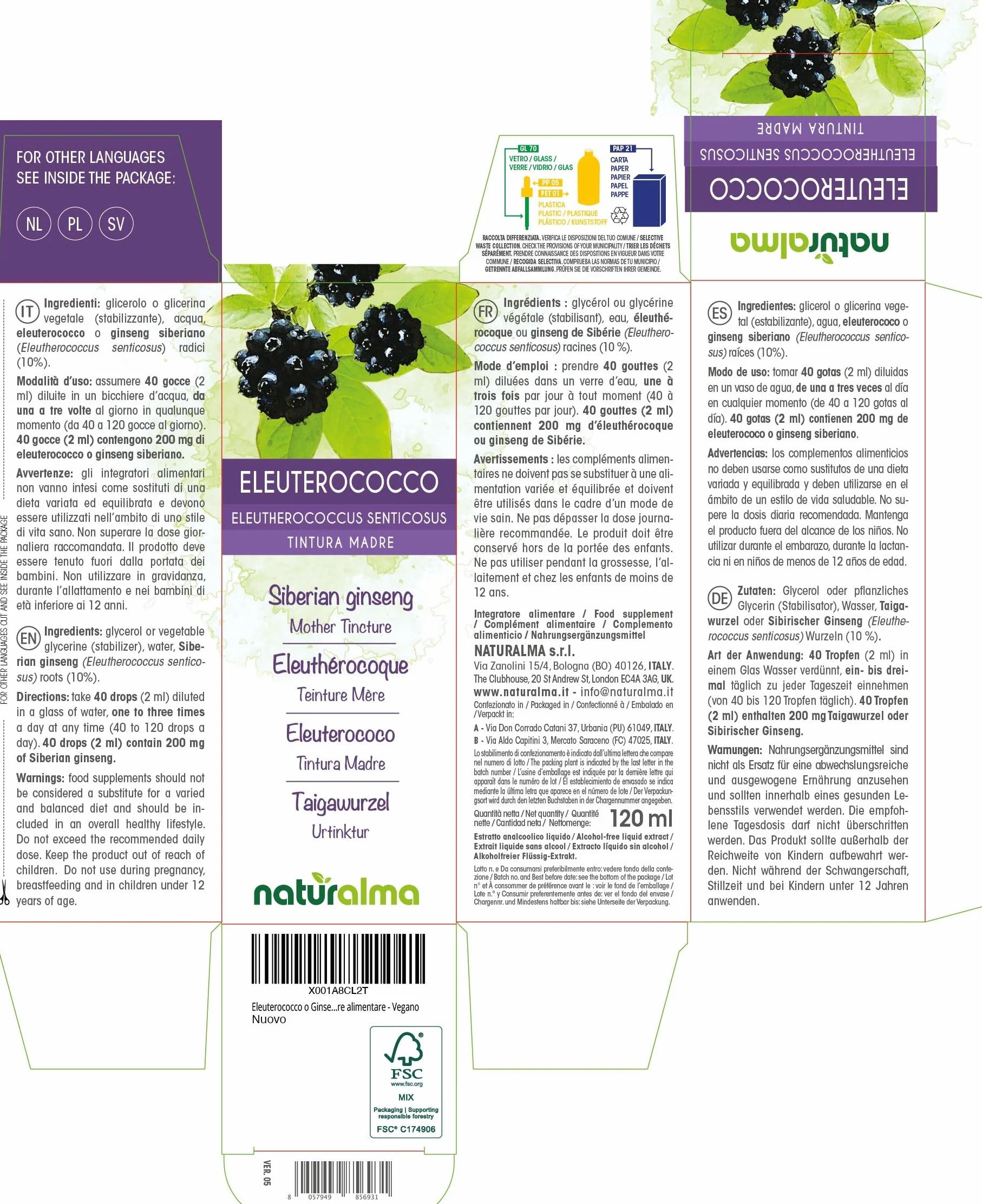 Naturalma Eleuterococco Tintura Madre analcoolica Estratto liquido gocce 120 ml Integratore alimentare Vegano