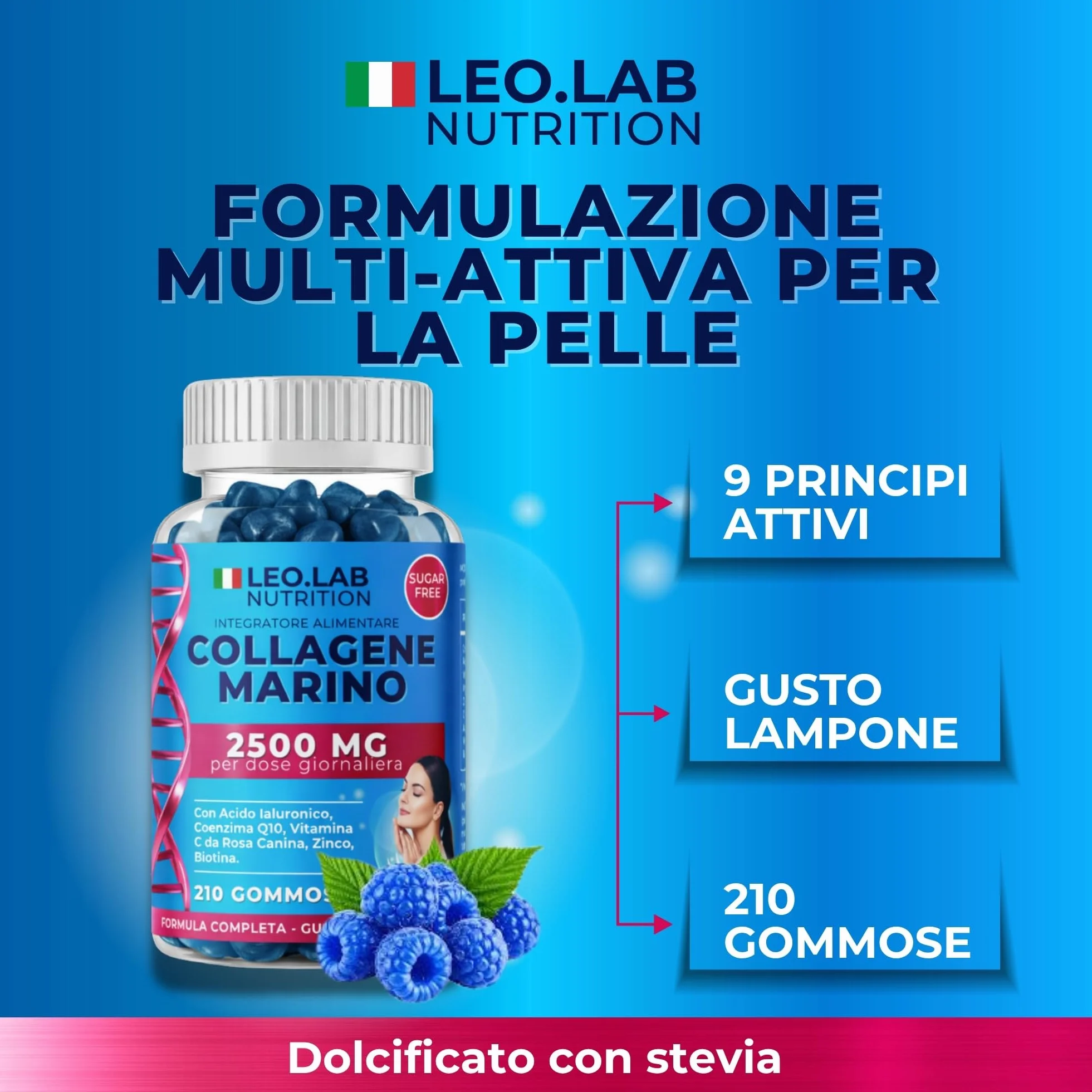 Collagene Marino con Acido Ialuronico 2500mg 210 Gummies - Vitamina C, A, Zinco, Q10 per Pelle, Capelli e Unghie