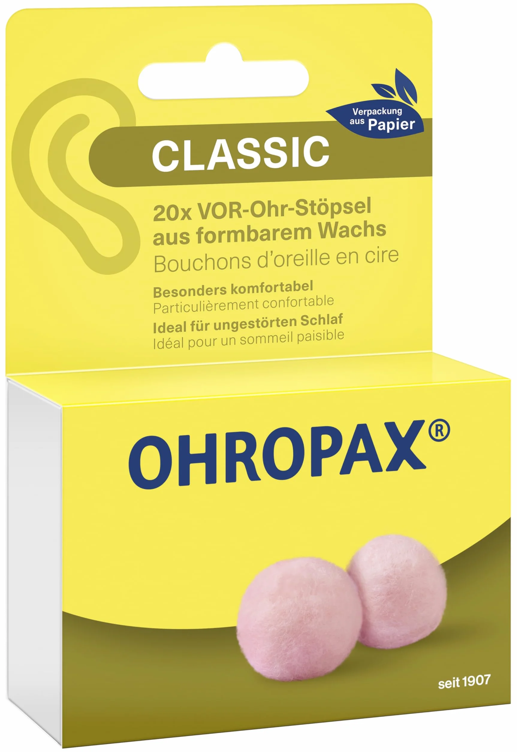 OHROPAX Tappi per le orecchie Classic – Tappi per le orecchie per la protezione da rumore, umidità e vento, realizzati in cera modellabile, comodi e adatti a tutte le orecchie, valore di isolamento
