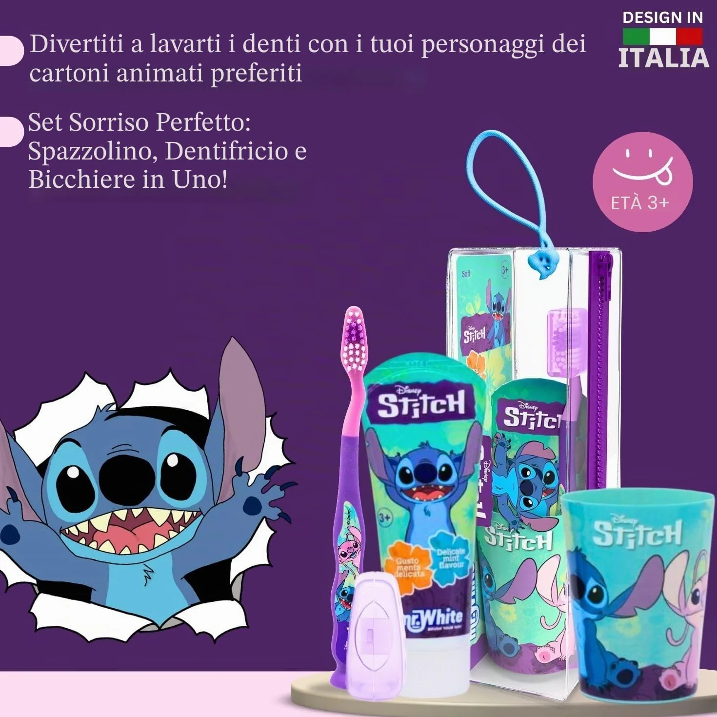 Disney Stitch - Set di spazzolini da denti per bambini, con setole morbide, ventosa e tappo protettivo, dentifricio alla menta e bicchiere multiuso, kit per l'igiene orale da viaggio per bambini dai 3
