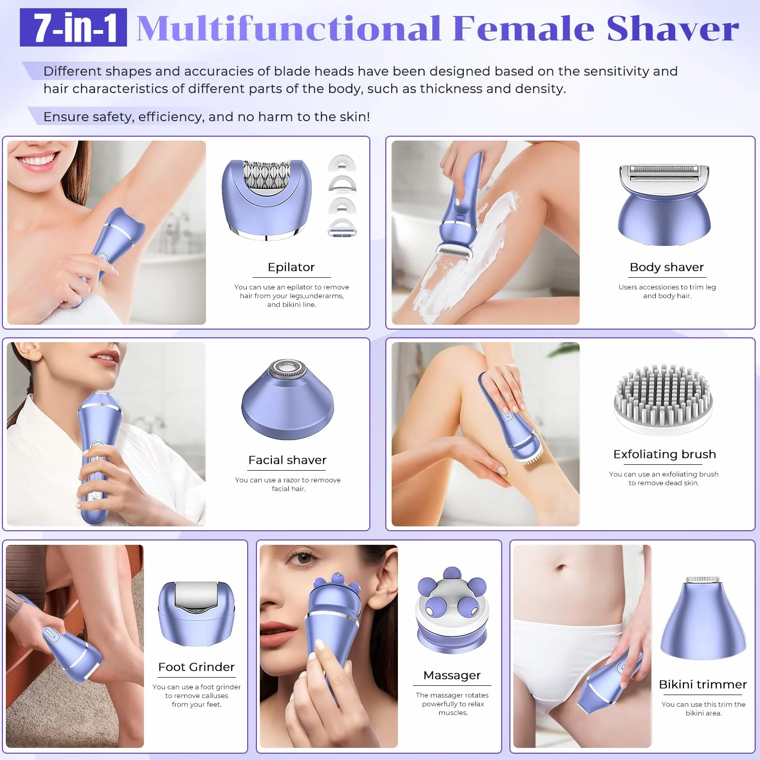 7 In 1 Rasoio elettrico donna,Epilatore elettrico donna,Depilatore corpo,Rasoio donna parti intime,Rasoio Parti Intime,Impermeabile IPX7,Display LCD,per Braccia Zona Bikini