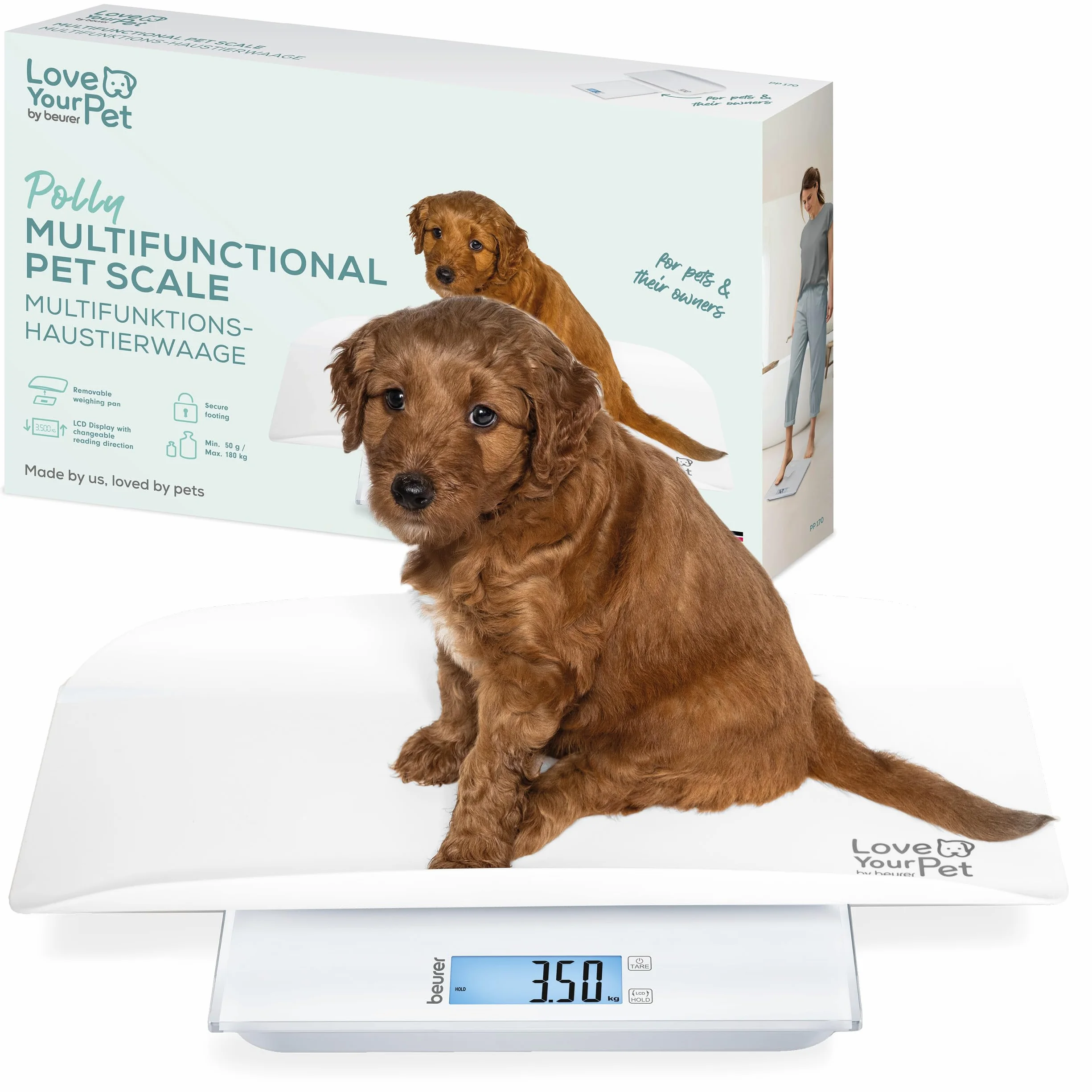 Beurer Love Your Pet Bilancia Polly per Animali Domestici e Persone, Piatto Rimovibile, 100g-180kg