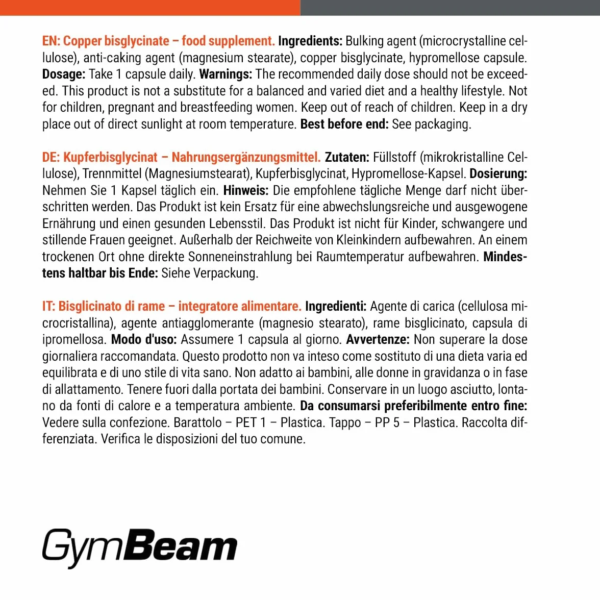 GymBeam Integratore di Rame - Bisglicinato di Rame ad alta assorbibilità, 1mg per Porzione, Sostiene Sistema Immunitario e Nervoso 120 Capsule