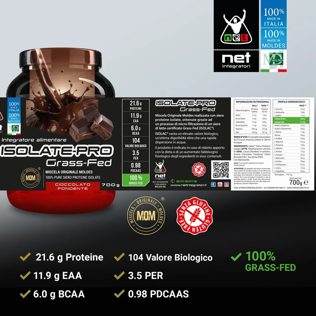 NET Integratori ISOLATE PRO Grass Fed 700g Cioccolato Fondente Proteine Isolate con EAA BCAA