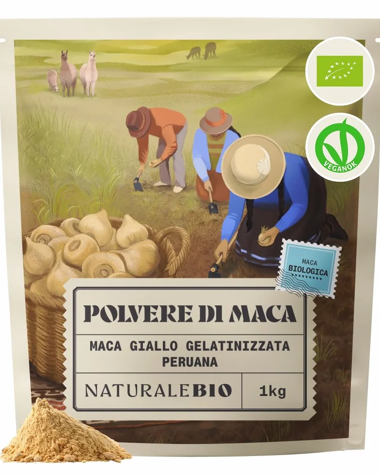 NaturaleBio Maca Peruviana Biologica in Polvere 1 kg. Naturale e Pura, Prodotto in Perù dalla Radice di Maca Bio - Gelatinizzata
