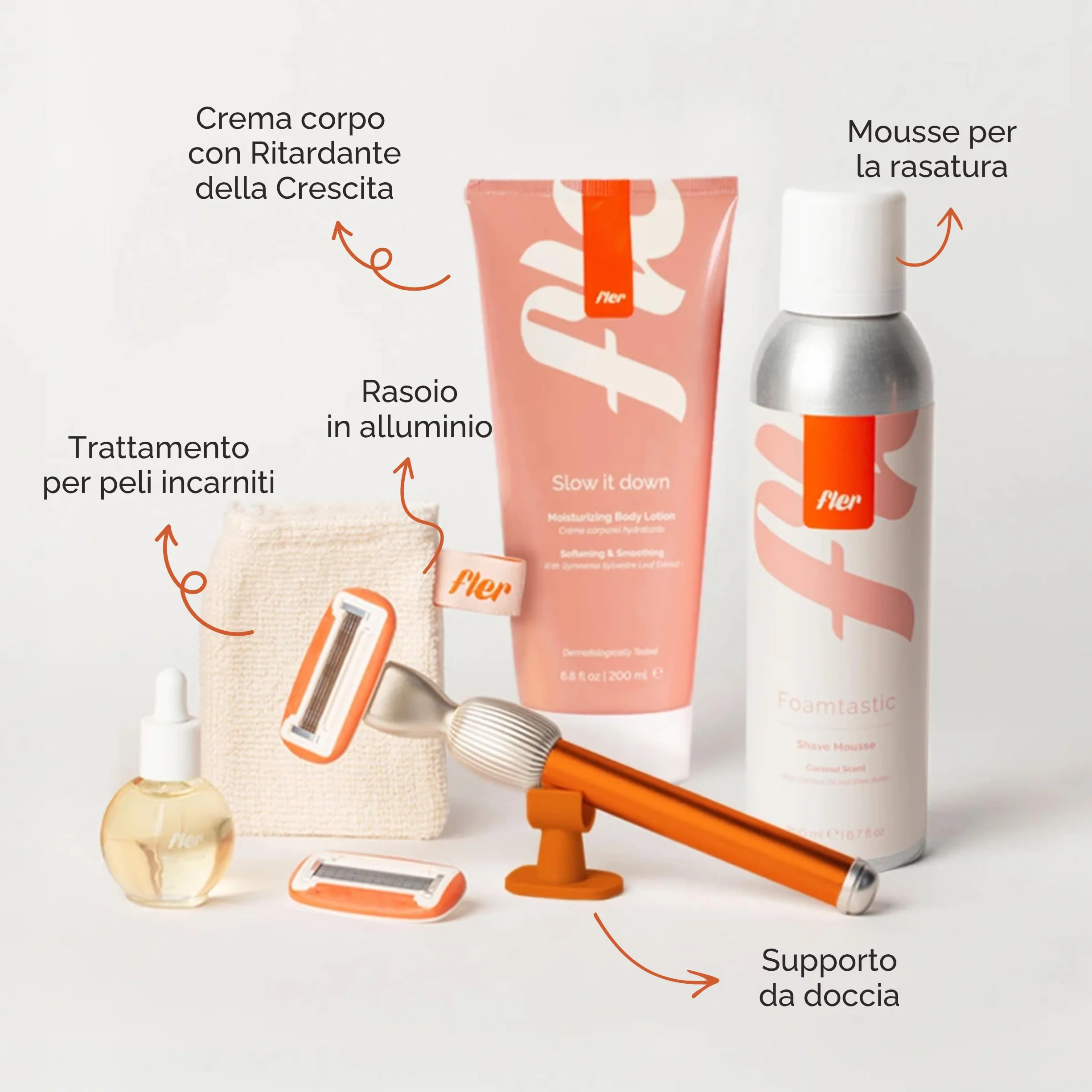 Fler Dream Team Set Rasoio Donna Supporto 2 Lamette Ricambio Mousse Depilazione Olio Post Depilazione Crema Corpo Lenitiva Lametta Aloe Vera 200ml