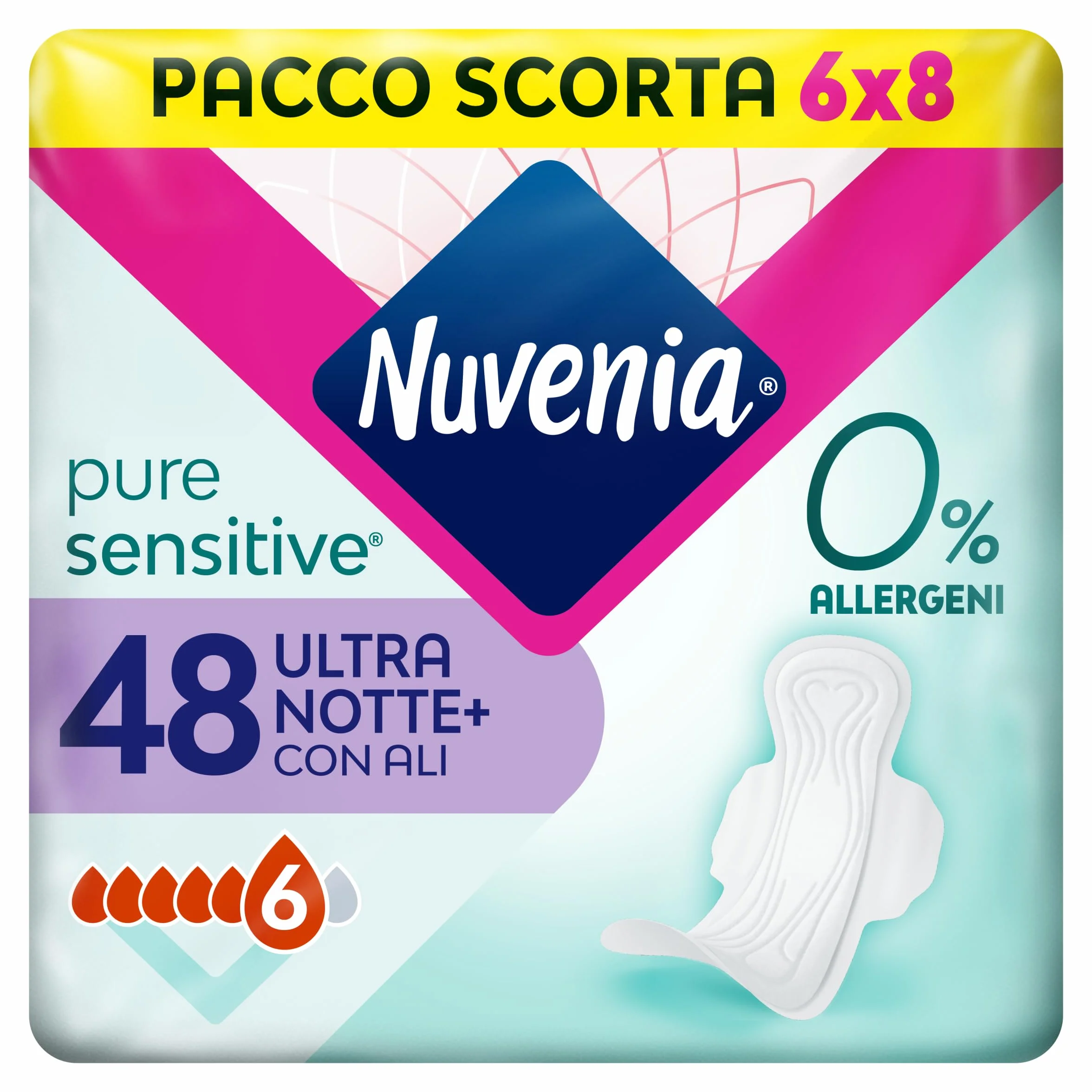 Nuvenia Assorbente Pure Sensitive Ultra Notte con Ali 48 Pezzi