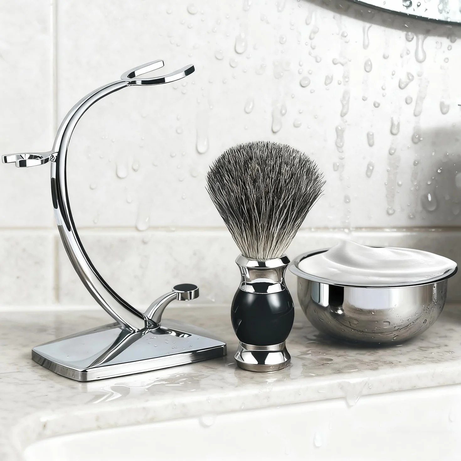 GRUTTI Set da Barba 3 in 1 da Uomo, Pennello da barba in finto tasso + telaio da barba + ciotola da barba, Porta Rasoio Compatibile con Rasoio Manuale Gillette, Set Regalo per Rasatura per Uomo