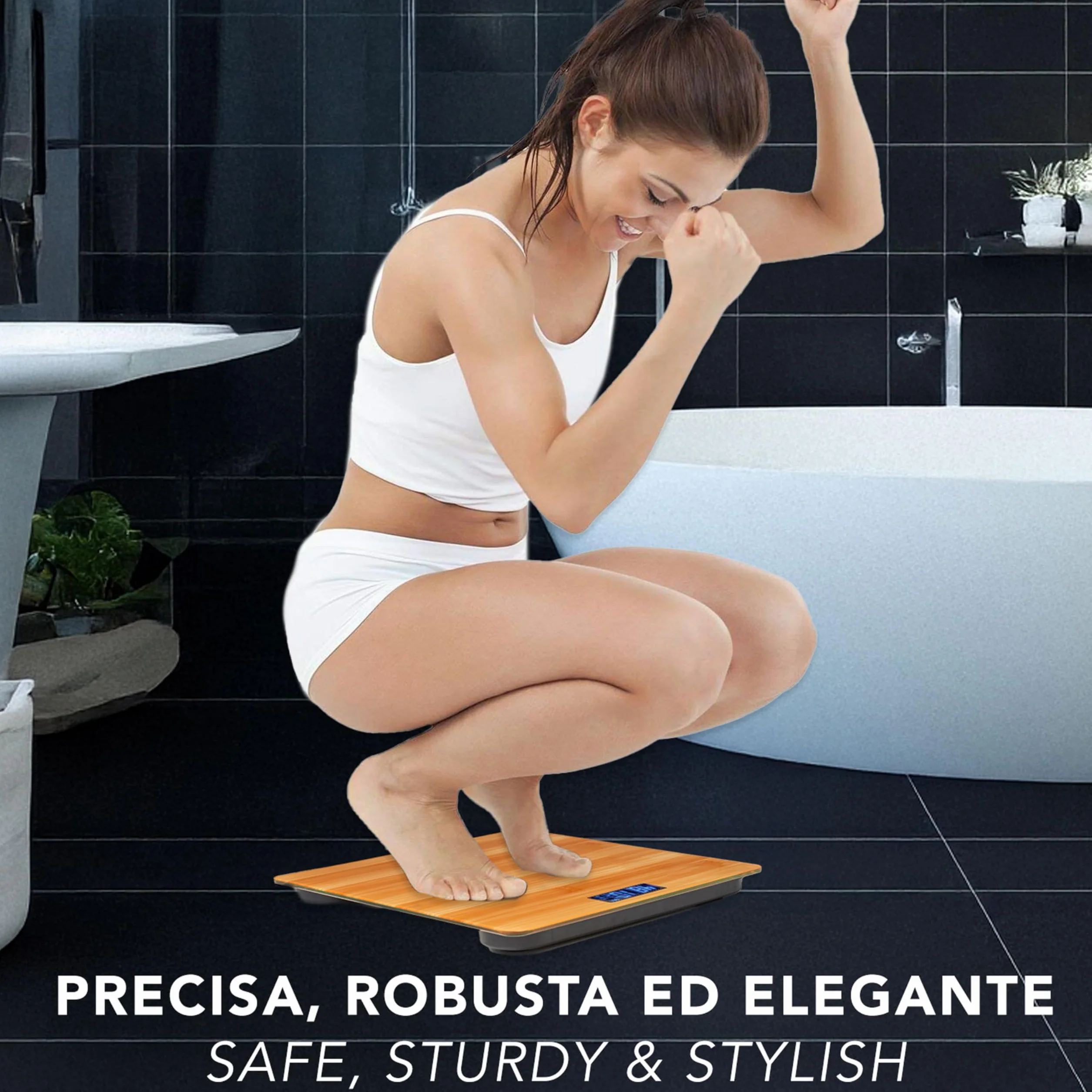 IPEA Bilancia Pesapersone Digitale Ultra Sottile color Legno - Tecnologia STEP ON - Massima Precisione Peso - Design Elegante in Vetro Temperato - Display Misurazione precisa 0,1 KG - Max 180Kg