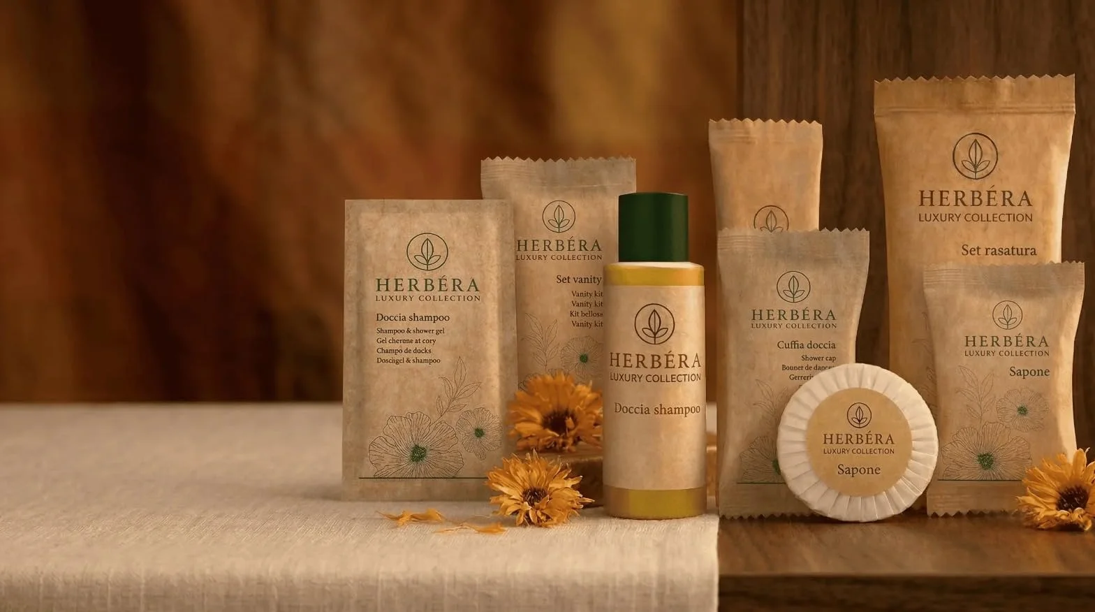 Set Rasatura kit barba con rasoio e gel conf. 50 pz HERBERA Luxury monouso e monodose linea cortesia hotel in confezione carta Bio riciclabile