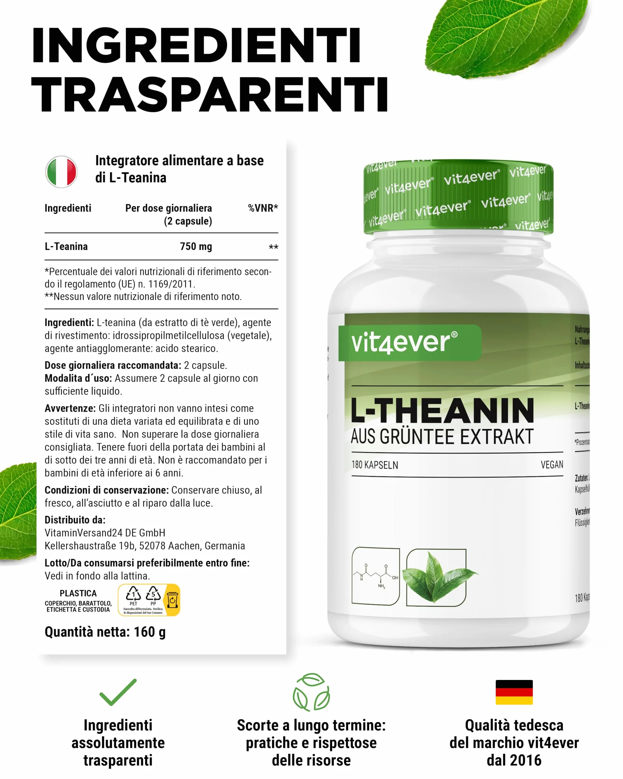 L-Teanina - 180 capsule - 750 mg per dose giornaliera - Da estratto naturale di tè verde - Alta dose - Vegana
