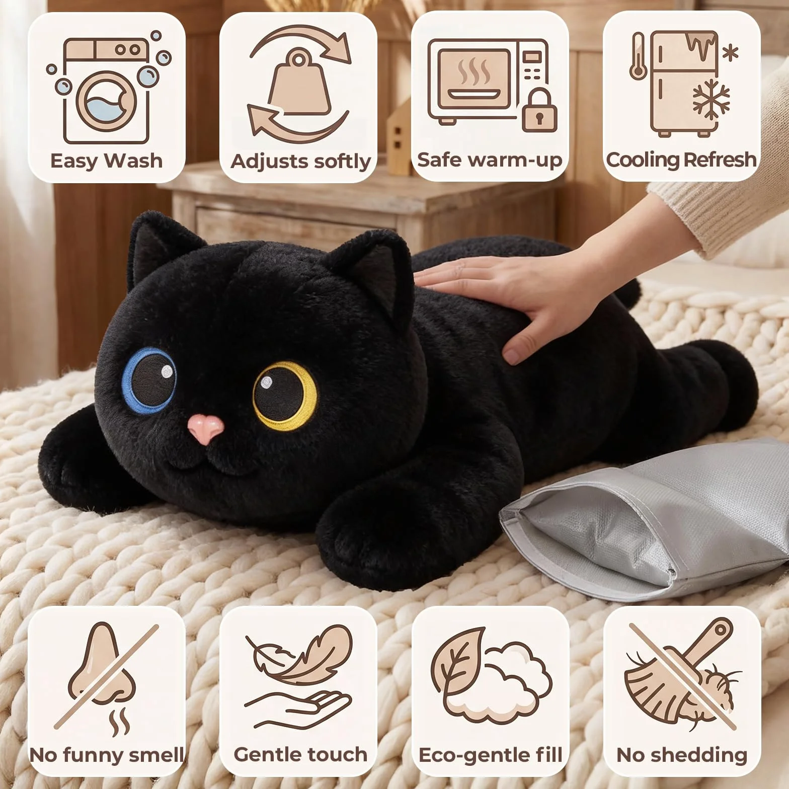 Mewaii Peluche Gatto Nero Riscaldabile e Ponderato da 23 Pollici con Cuscinetto Rimovibile – Peluche Morbido da Abbraccio per Bambini e Adulti, Regalo Soffice e Caldo per Tutte le Stagioni