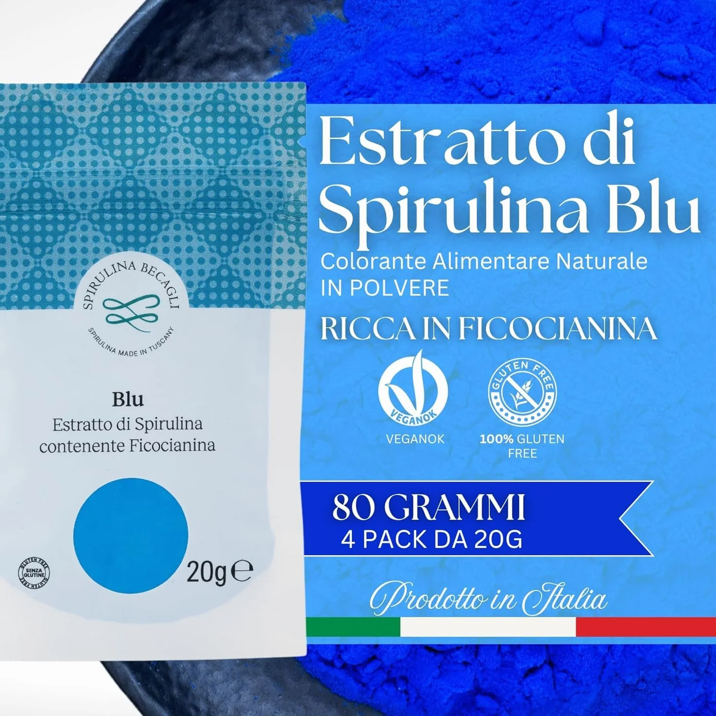 Spirulina Blu In Polvere 20 g, Colorante Alimentare Naturale A Base Di Ficocianina, Polvere Blu Per Bevande, Made in Italy, Vegan