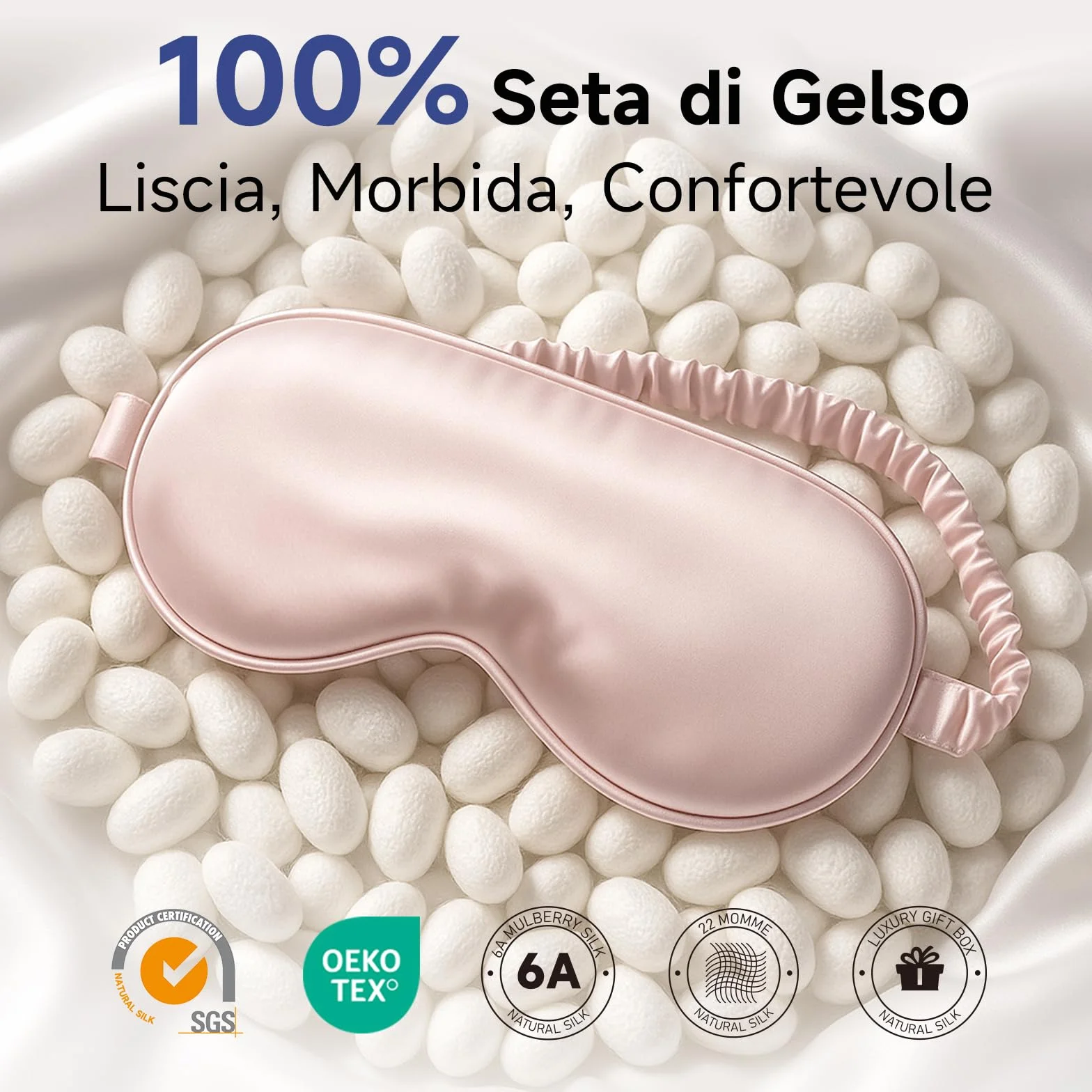 Umisleep 100% pura seta maschera, 22 momme 6A, morbida e liscia, traspirante, per donne e uomini, migliore tenuta della luce, con custodia da viaggio, Maschera per gli occhi regolabile (Rosa)