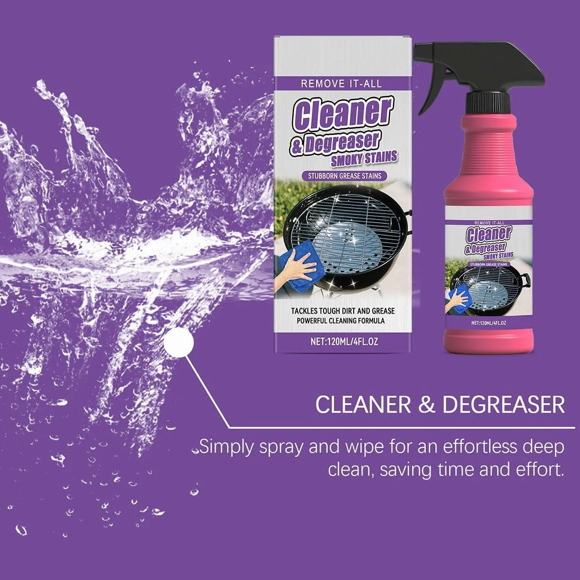 Fast-Acting Heavy-Duty Grill Degreaser Spray, 120ml BBQ Grill Cleaner for Outdoor Grills, Heavy Duty Degreaser Cleaner Spray, All Purpose Heavy Oil Cleaning Agent for Barbecue Grills (1set)