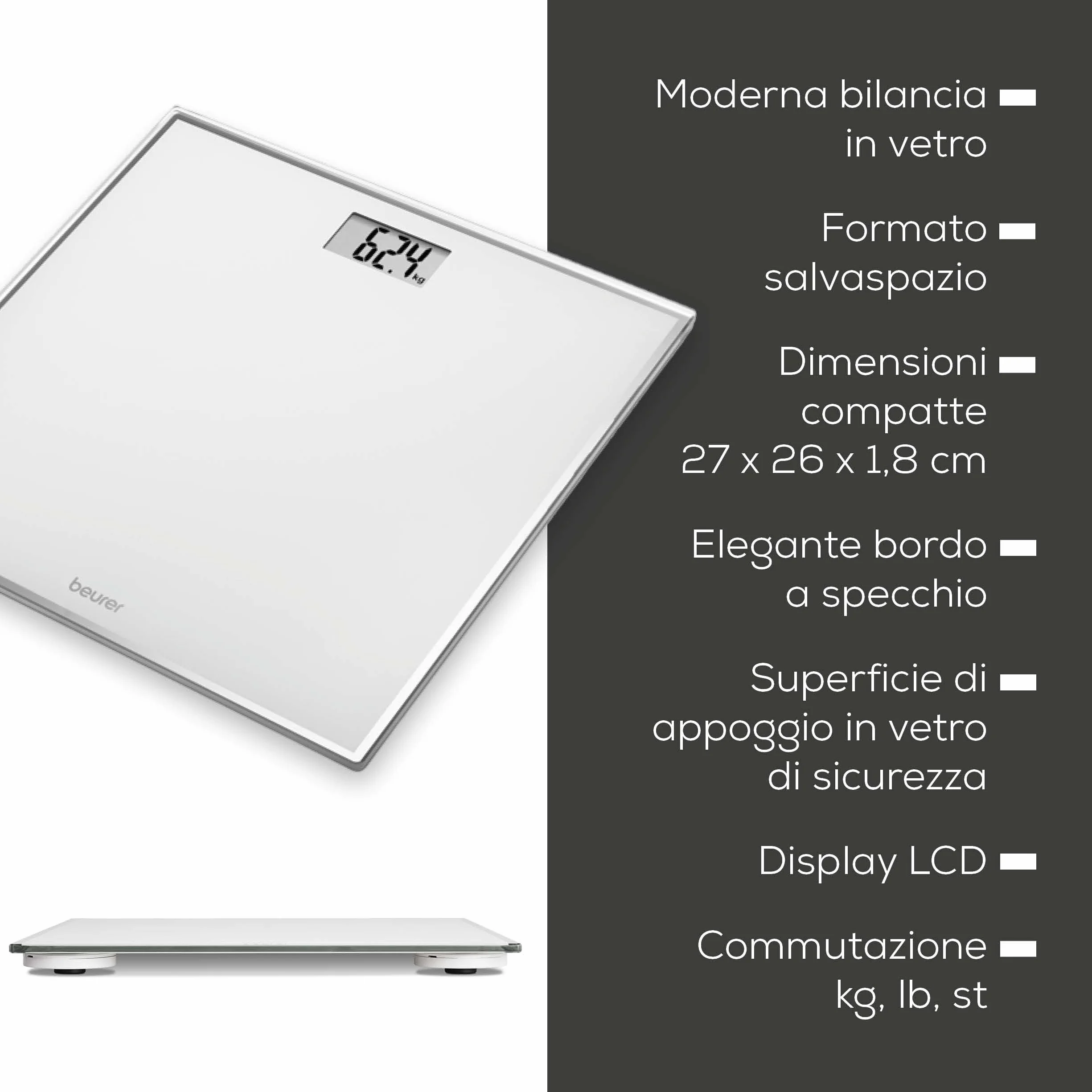 Beurer GS 120 Bilancia Digitale Compatta in Vetro, Display LCD, Portata 150 kg, 27x26 cm, Graduazione 100 g