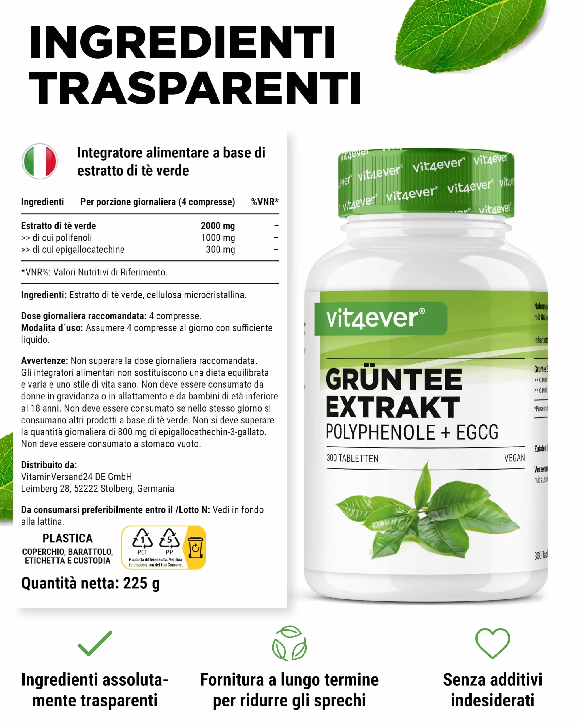 Estratto di tè verde 300 compresse ad alto dosaggio - 2000 mg di estratto di tè verde, 300 mg di EGCG e 1100 mg di polifenoli per dose giornaliera - Tè verde - Vegan
