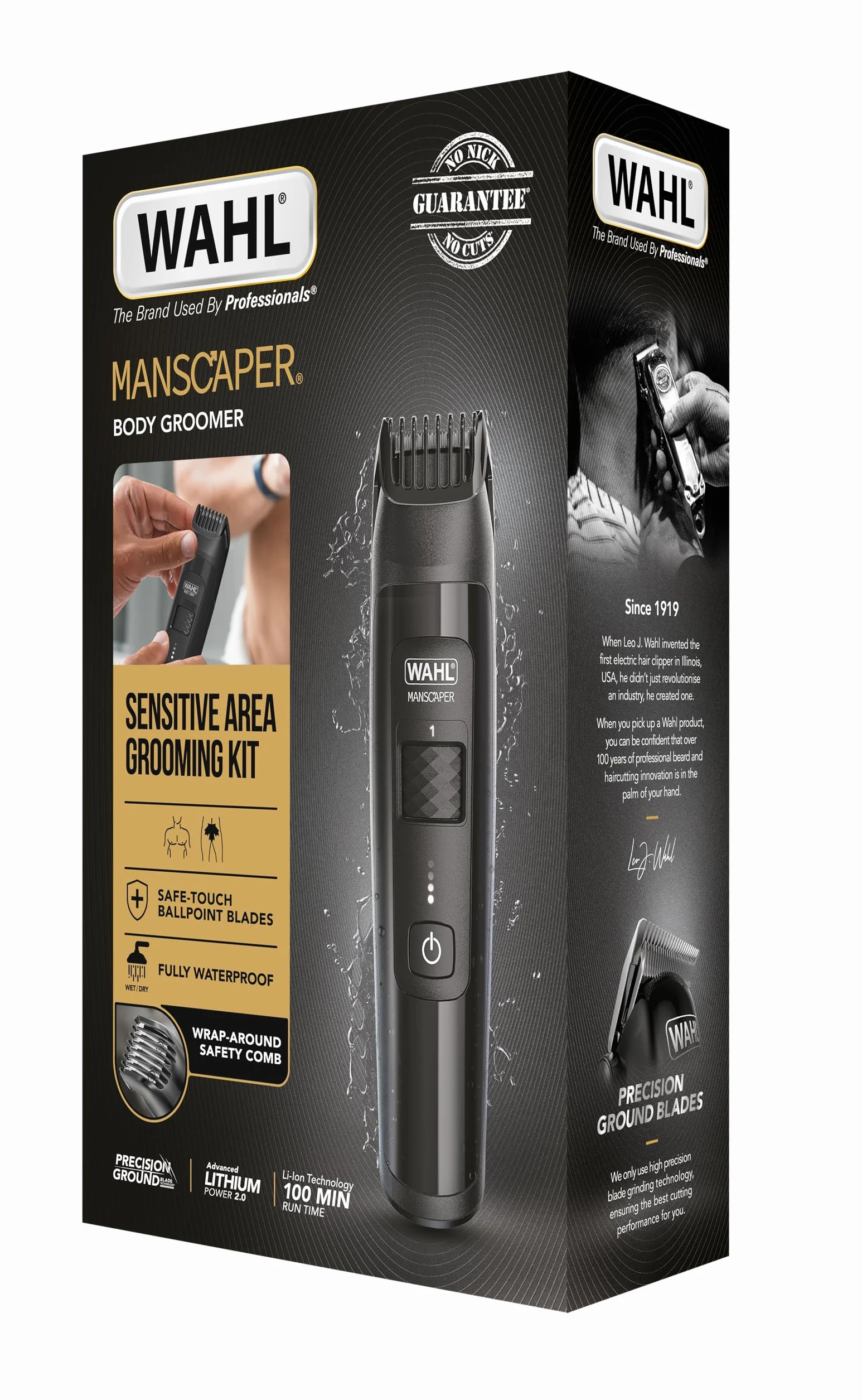 WAHL Manscaper Lithium Trimmer Corpo e Parti Intime impermeabile bagnato/asciutto Smart Trim LED lame Safe-Touch ricaricabile nero