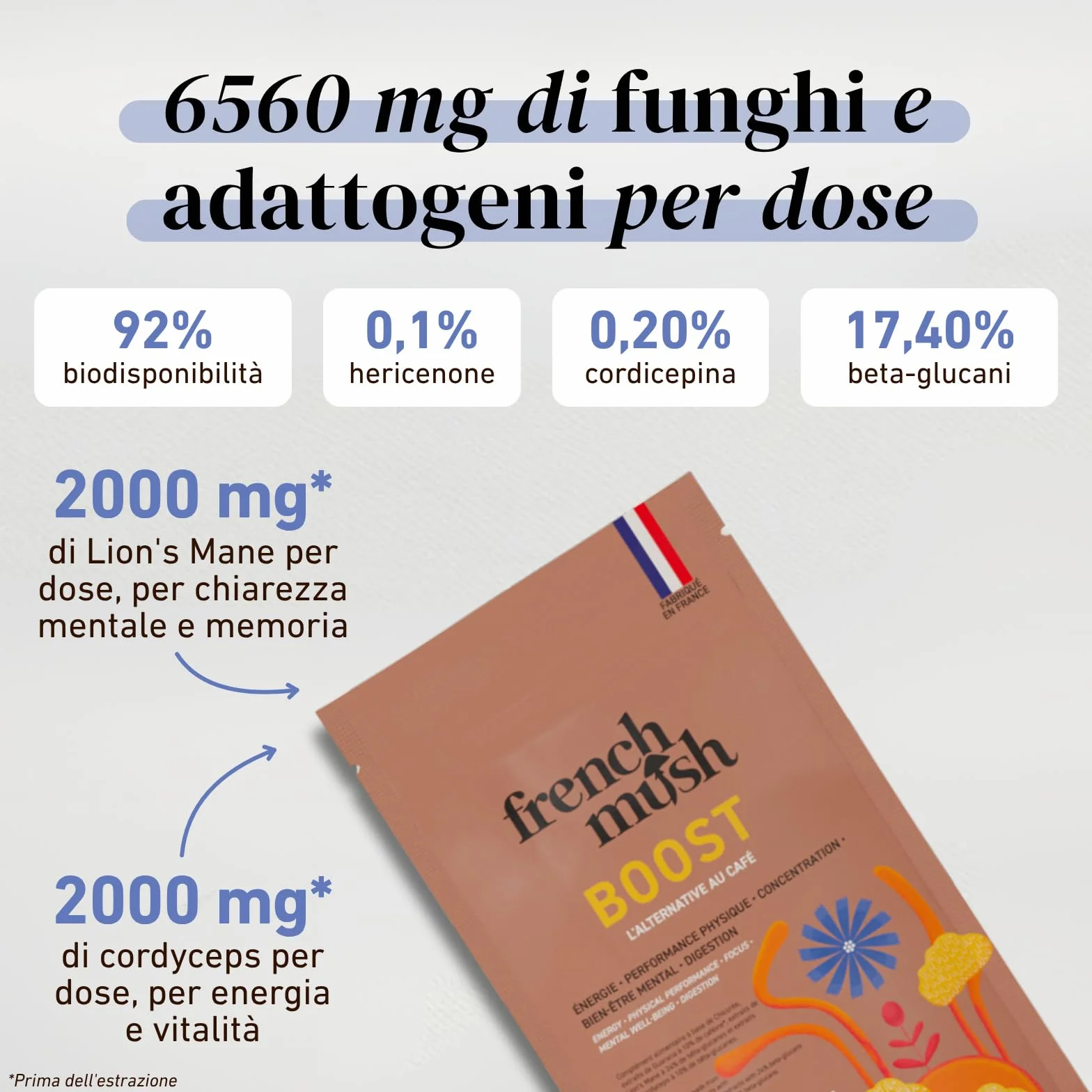 French Mush BOOST - Alternativa al caffè ai funghi adattogeni biologici: Lion's Mane & Cordyceps - Focus, Energia & Digestione - Vegano - Made in France - 20 dosi