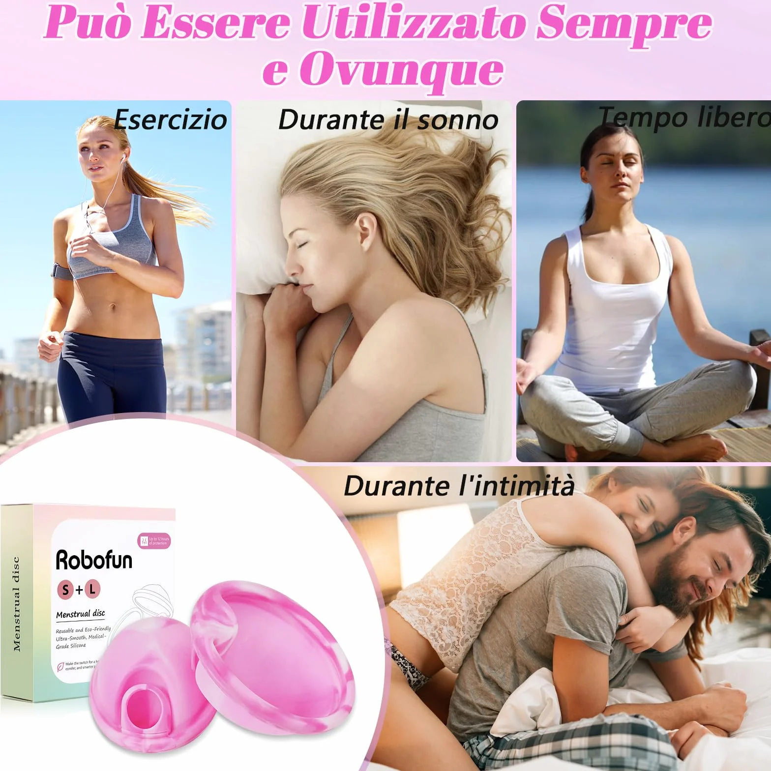Robofun Disco mestruale, 2 pezzi (S+L) - Coppa mestruale riutilizzabile in silicone medico 100% per tutte le correnti, senza pericolo per lo sport e il nuoto -Bianco&Viola
