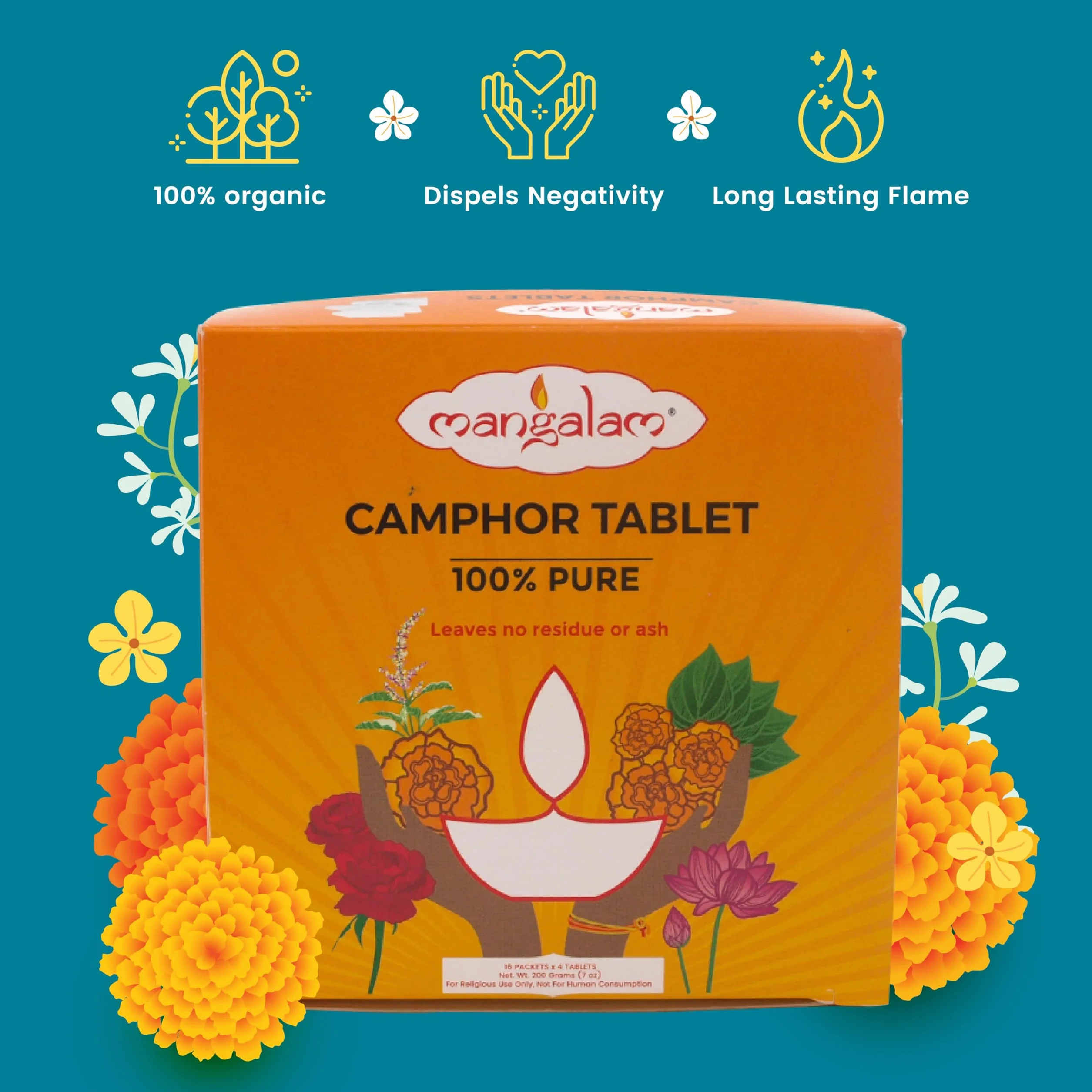 MANGALAM Compressa di canfora con involucro in cellophane, 200 g, confezione da 1, 100% pura, per puja, festival e altri rituali religiosi, senza sostanze chimiche pericolose
